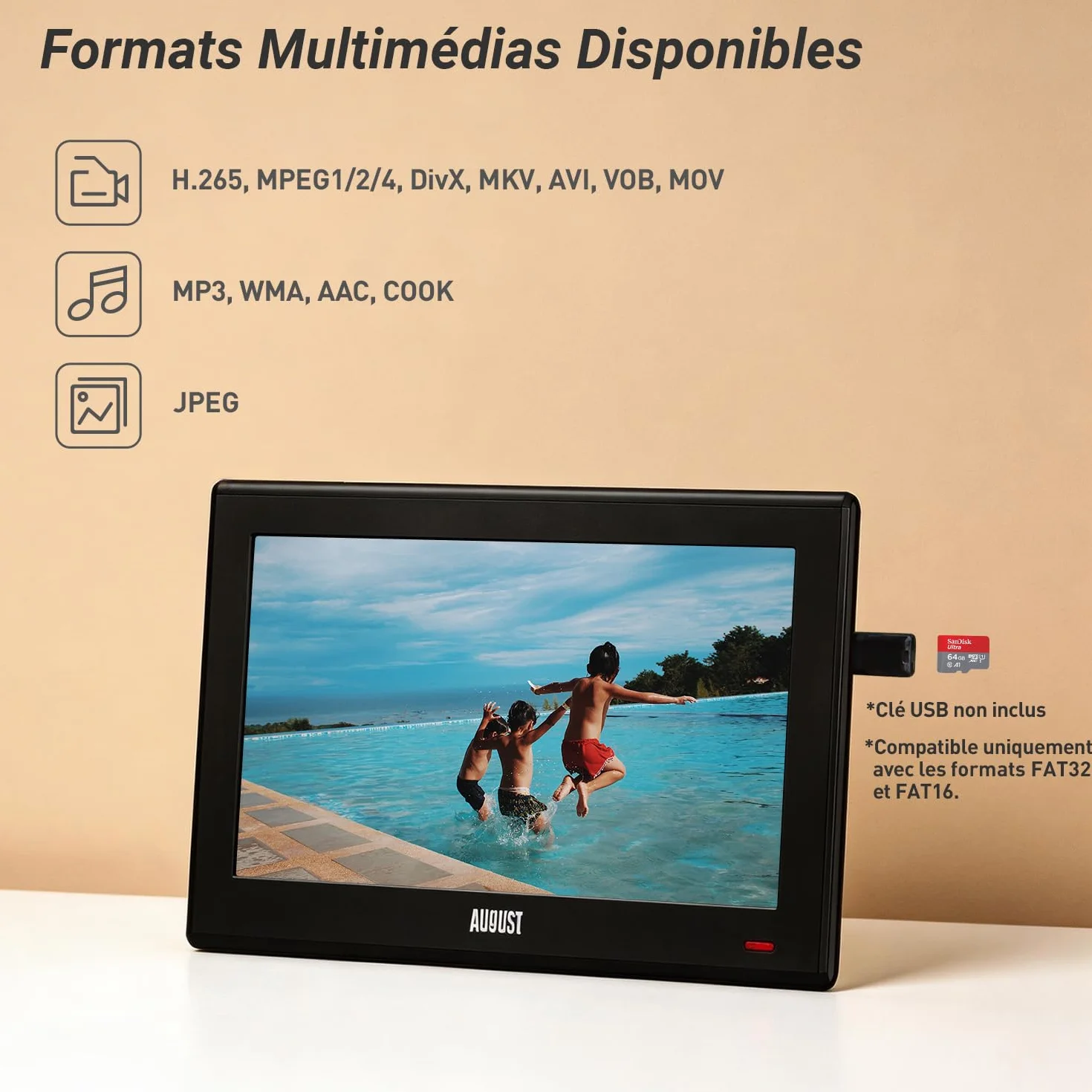 August DA100D Téléviseur Portable 10" TNT HD Enregistreur Intégré HDMI USB AV Camping Caravane