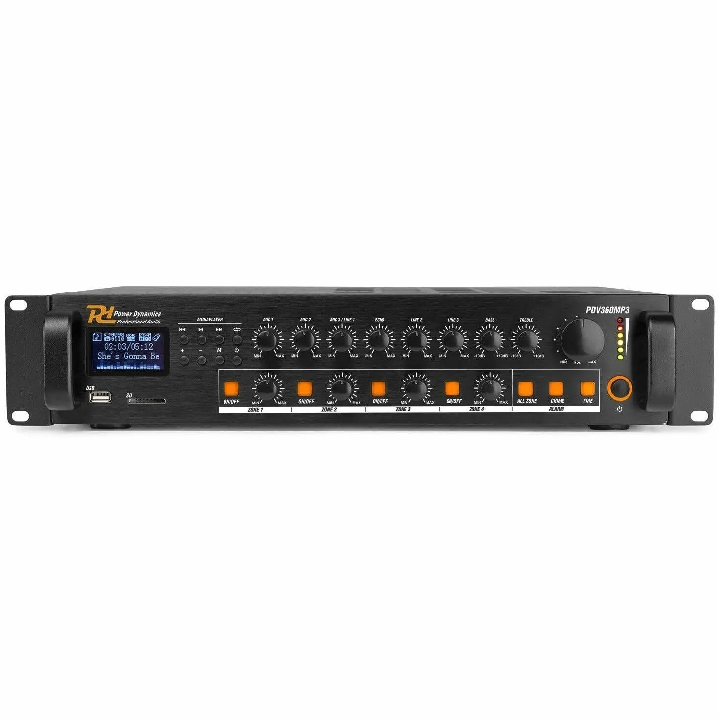 Power Dynamics PDV360MP3 Amplificateur Mixeur 100V 4 Zones - 360W, USB, SD, MP3, Bluetooth, Tuner FM, Canal Micro, Contact 24V pour Alarme Incendie, Idéal pour Tout Lieu à Sécuriser