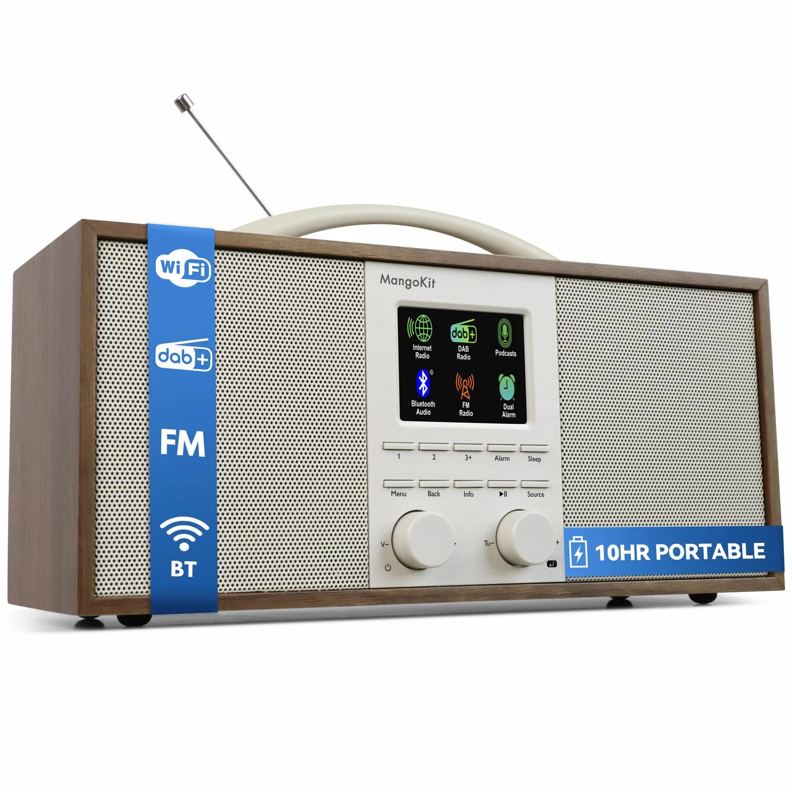 SR40 Radio Internet Rechargeable avec Bluetooth,Podcast Player-Radio Dab/Dab+ et FM stéréo, Batterie 10+ Heures, Véritable Son 2.0, 150 présélections,boîtier Bois et poignée Aluminium-Noyer