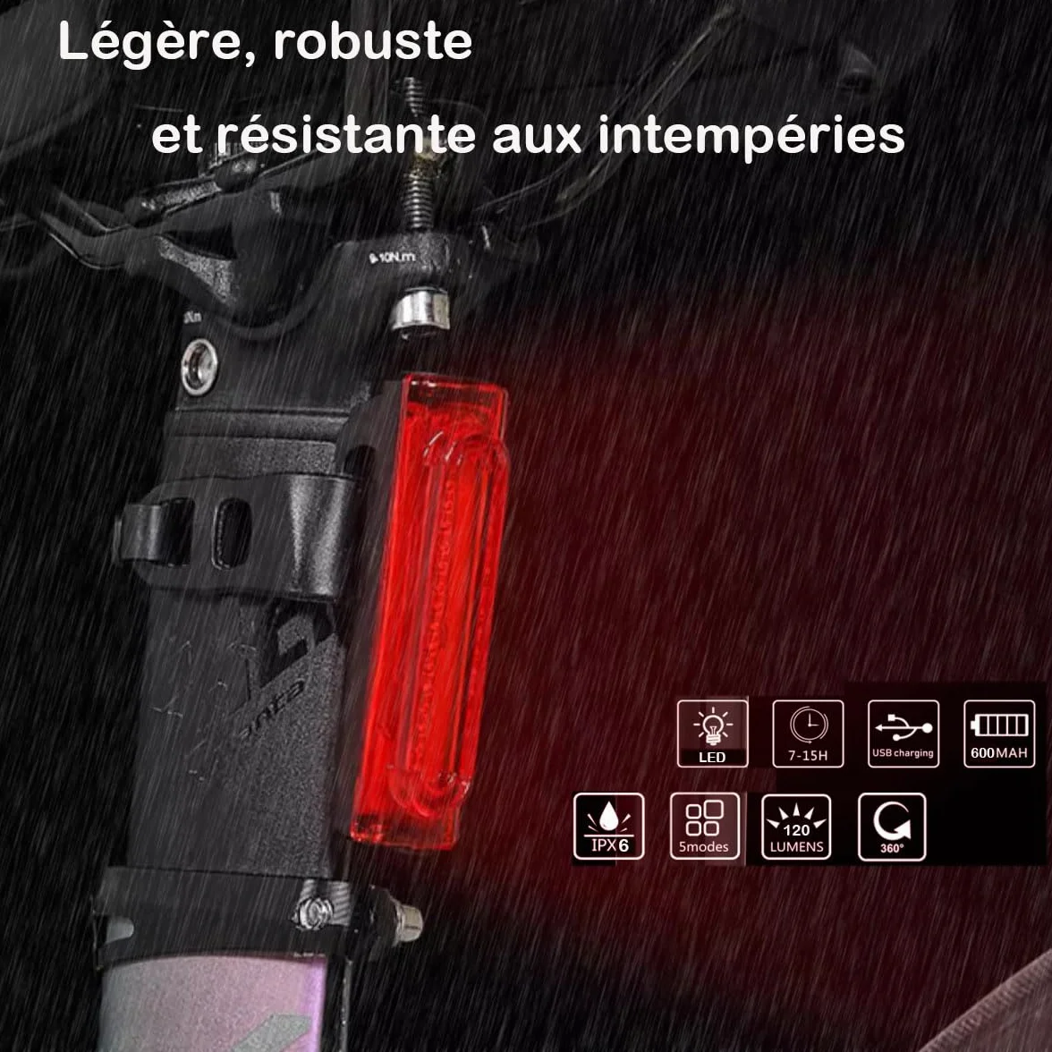 Lampe LED Vélo Arrière Rechargeable USB 120lm IPX6 5 Modes