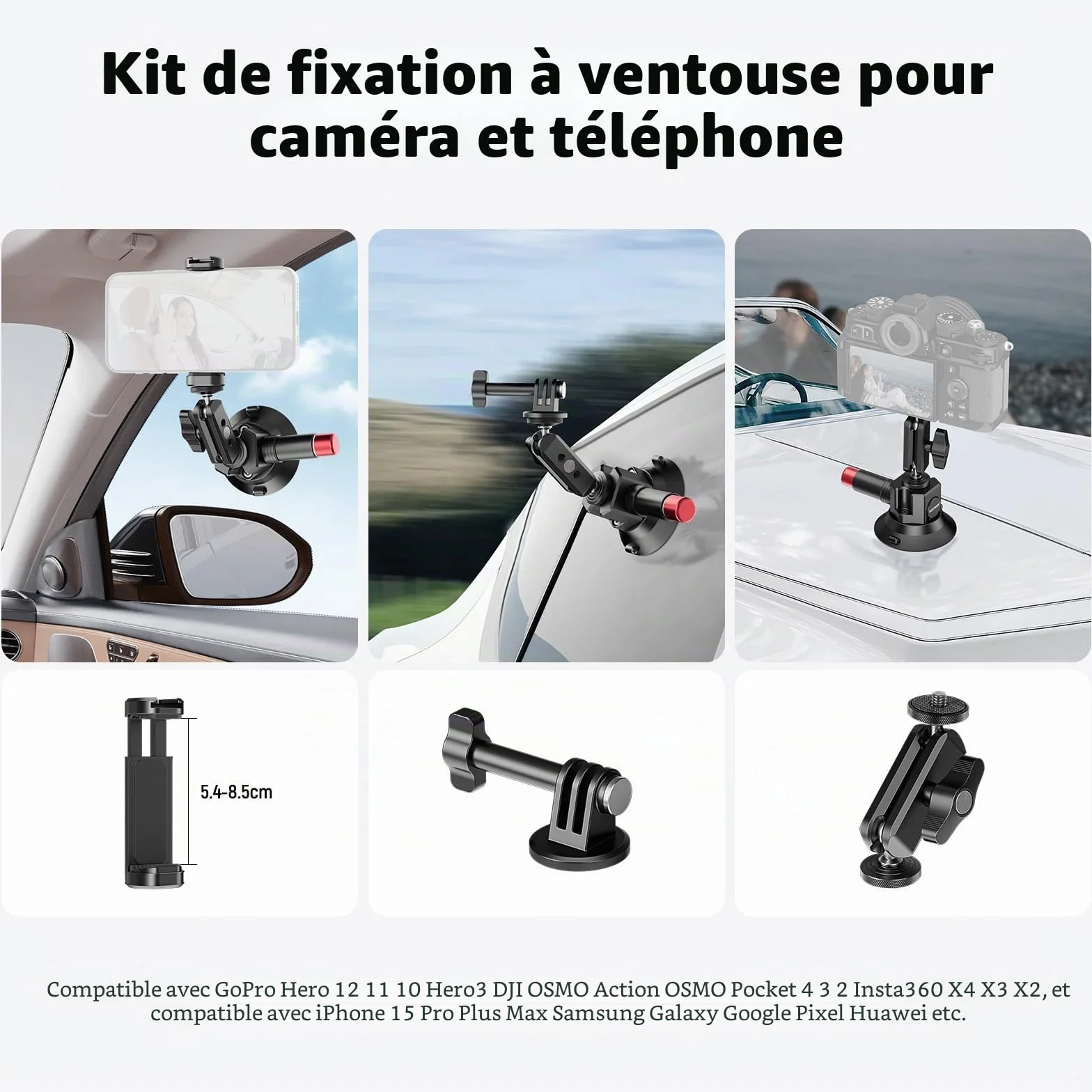 NEEWER Support Caméra Ventouse 3",Compatible avec Arri 1/4" Trous, Support de Voiture Quick Release+ de Téléphone, Adaptateur Action Cam Compatible avec iPhone GoPro DJI Insta360, CA104