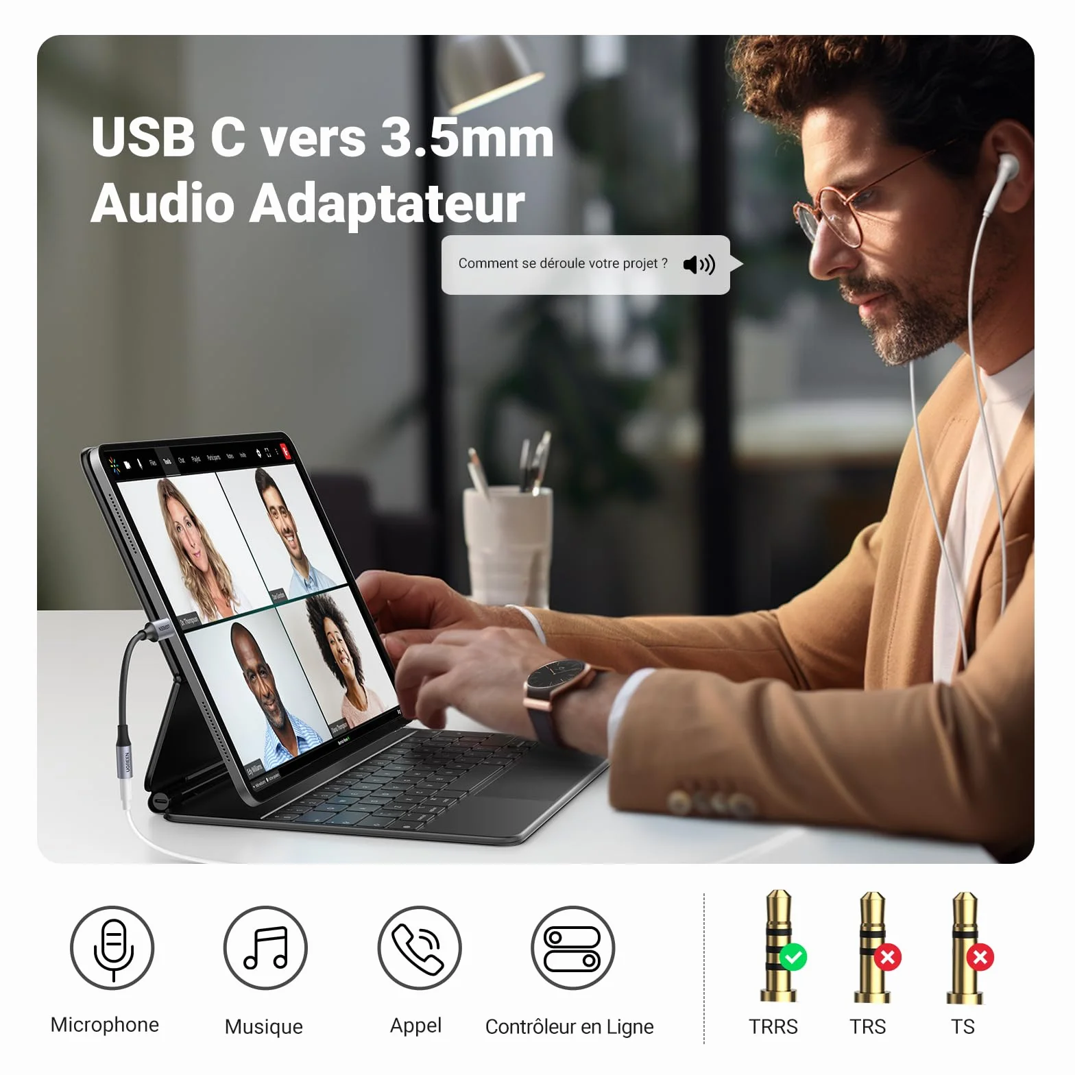 UGREEN Adaptateur USB C Jack 3.5mm TRRS DAC Compatible iPhone 17 Pro Max Galaxy S25 S24 Pixel 10 MacBook iPad Pro Câble Casque Micro Numérique 4 Pôles Gris