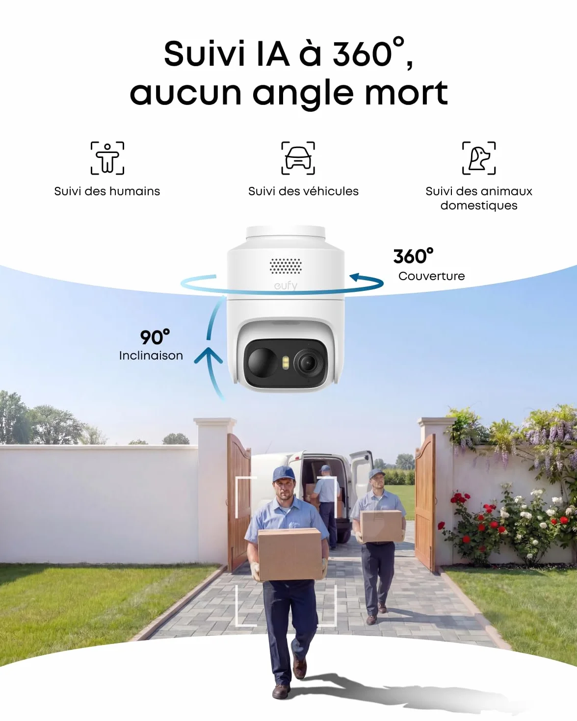eufy Security eufyCam C37, caméra Surveillance WiFi extérieure sans Fil, Suivi IA motorisé à 360°, Solaire 2K, détection de Personnes/Animaux/véhicules, sans Frais, Carte microSD Non Incluse