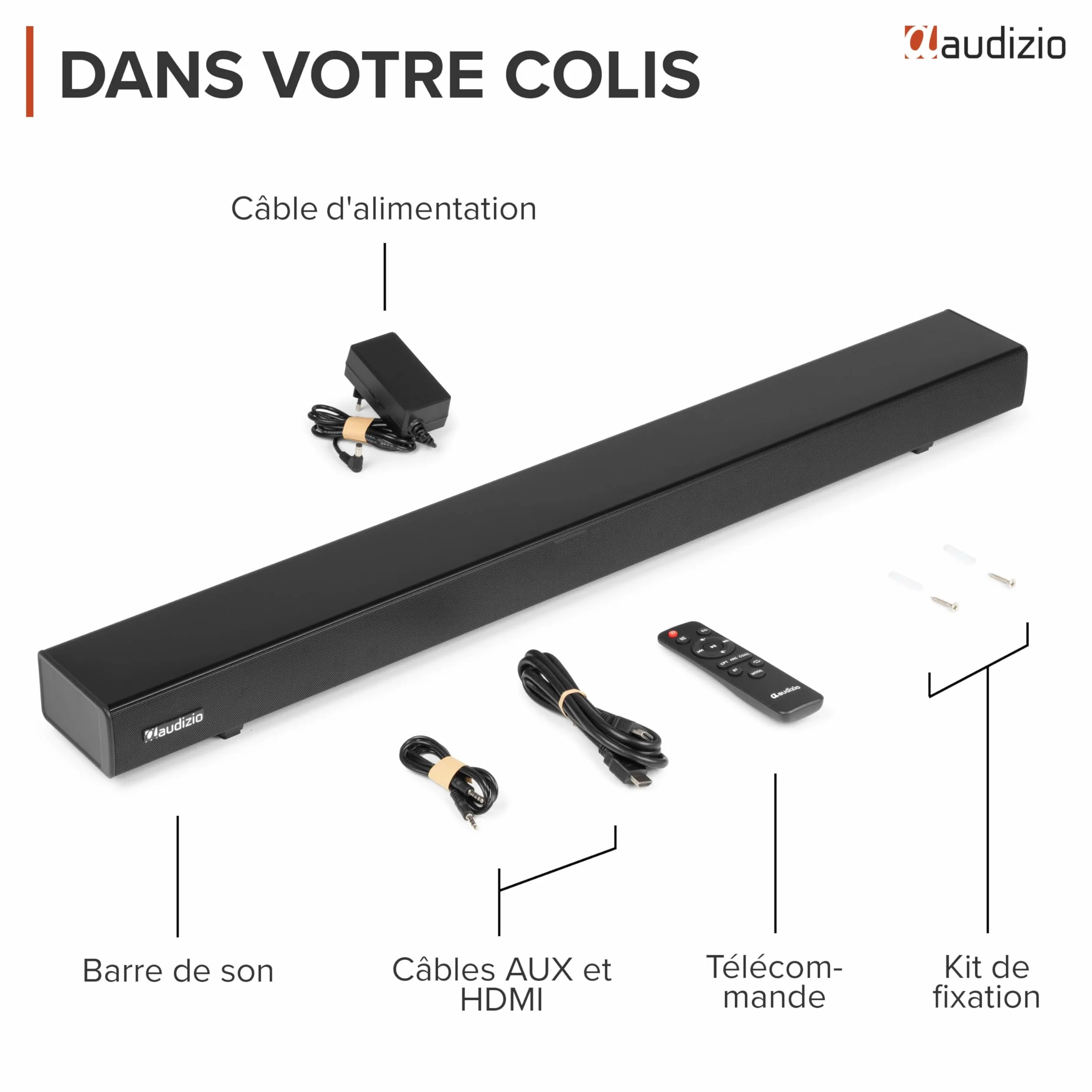 Audizio SB95 Soundbar TV Bluetooth 5.3 HDMI Arc 120W 88 cm Optique Coaxial USB AUX 2 Mini Subwoofers Intégrés