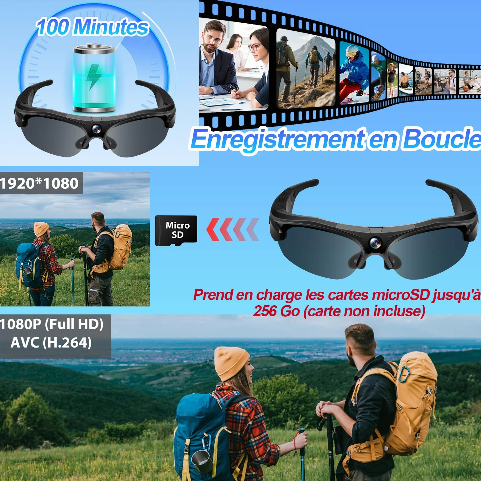 TANGMI Lunette Camera Sport 1080P HD Grand Angle 120° WiFi Enregistrement 2 Heures Cyclisme Ski Plein Air