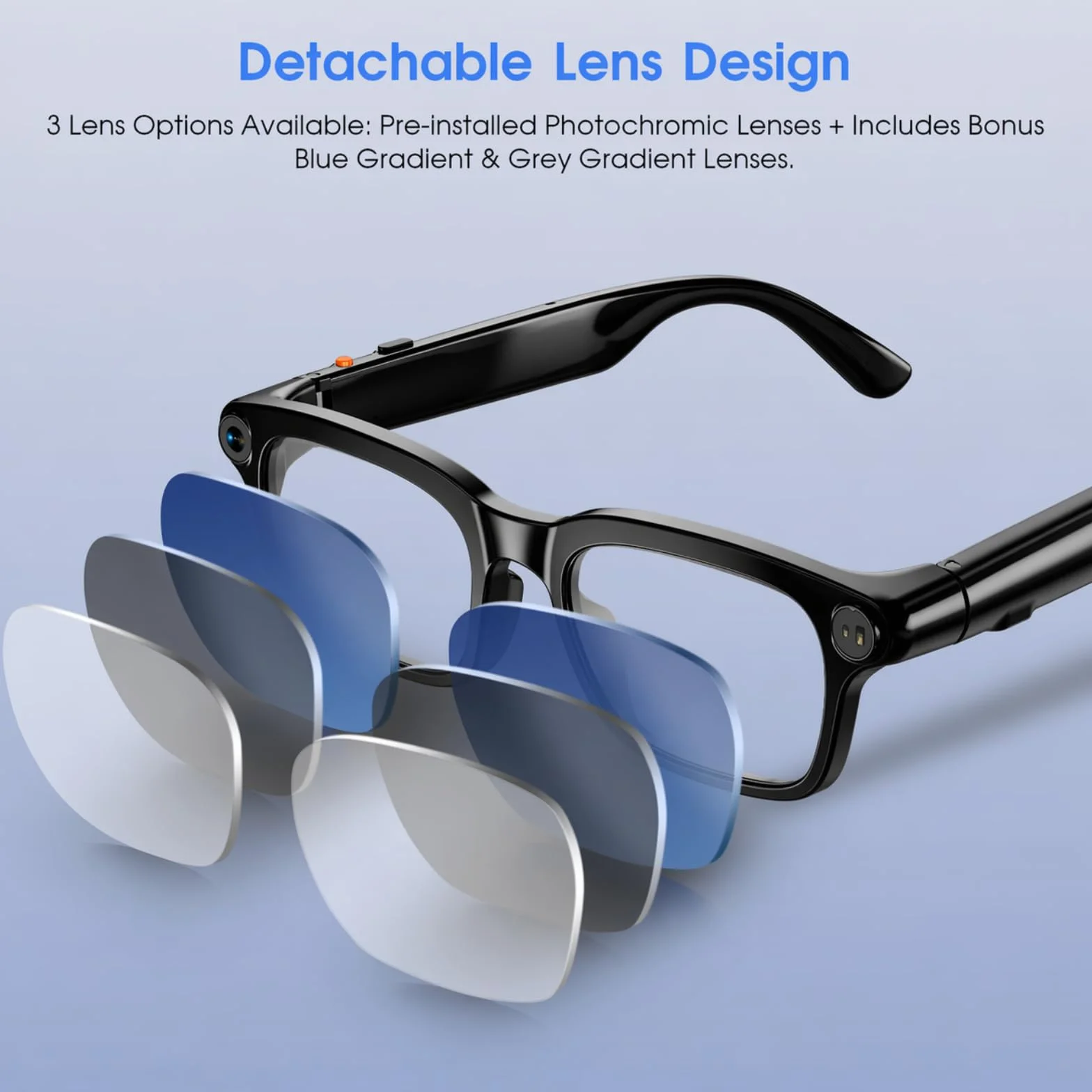 GenXenon Lunettes Caméra, Caméra 8 MP für Enregistrement Vidéo, Foto und Reconnaissance d’Objets IA, Batterie 300 mAh, Lunettes Connectées pour Voyages, Vlog et Outdoor Aventure（Trois lentilles）