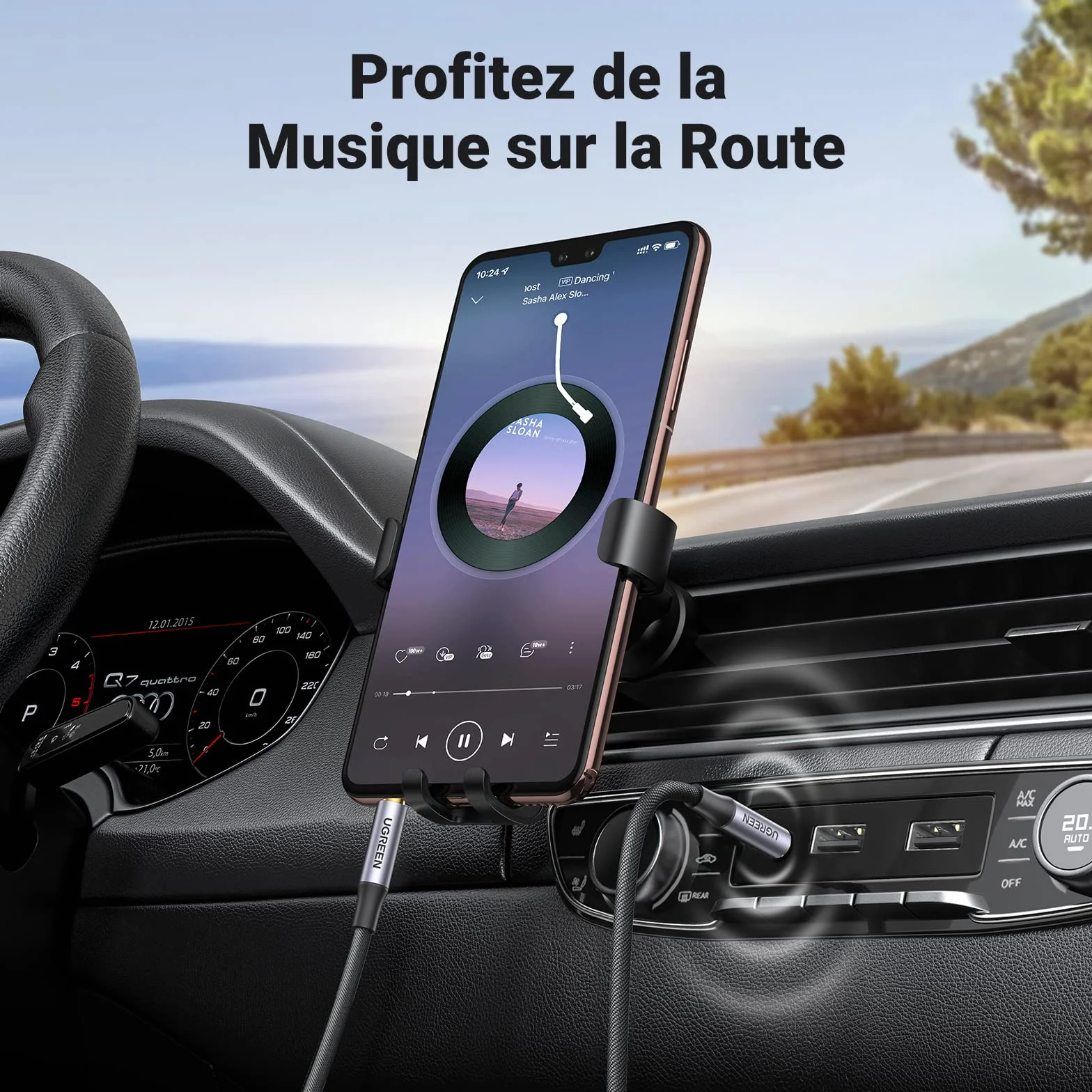 UGREEN Câble Audio Jack 3.5mm TRRS 4 Pôles Double Prise Mâle Stéréo Auxiliaire Voiture Nylon Tressé Compatible avec iPad iPod Casque Micro Tablette Chaîne HiFi MP4 MP3 Autoradio Amplificateur (1M)