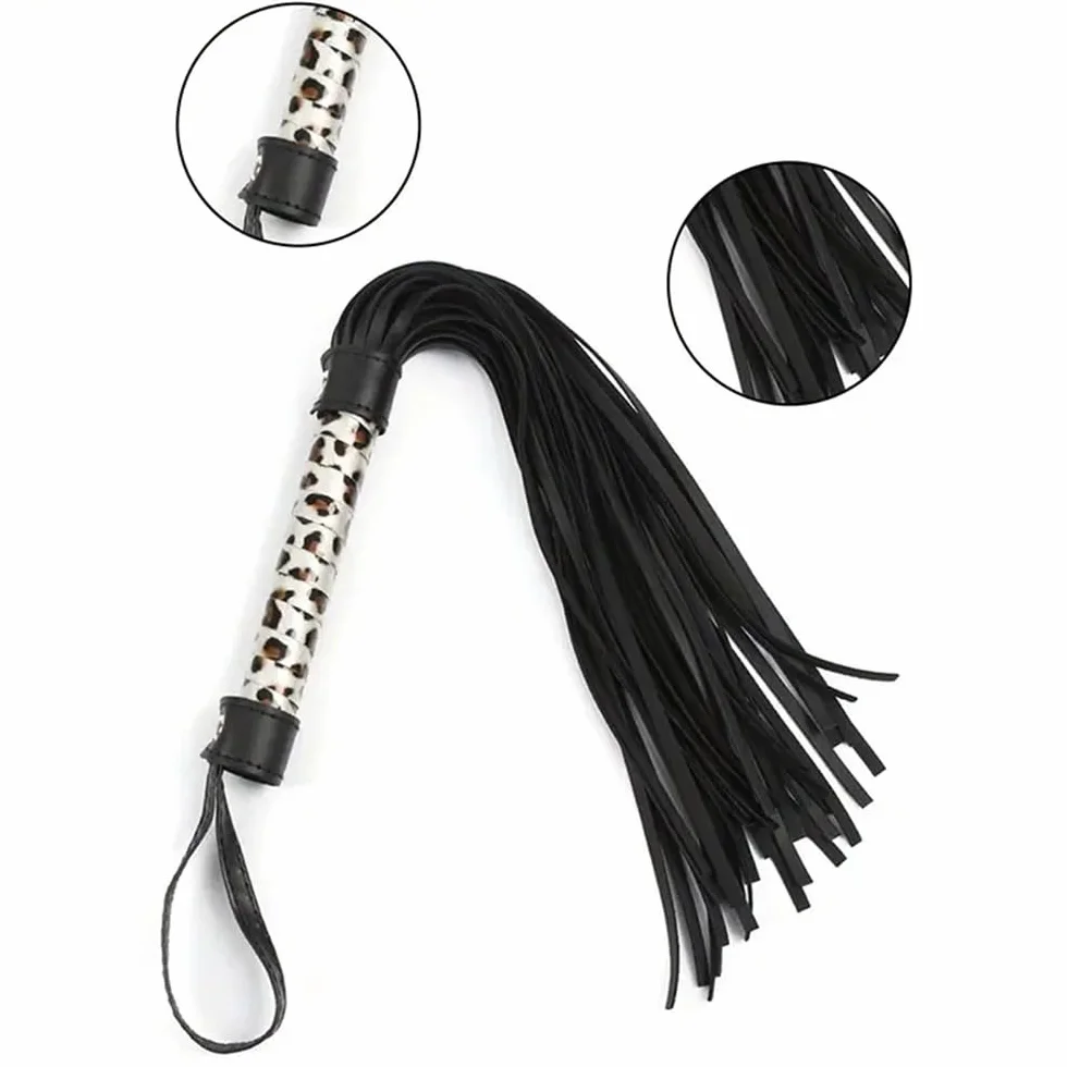 Cravache en cuir noir imprimé léopard pour femme