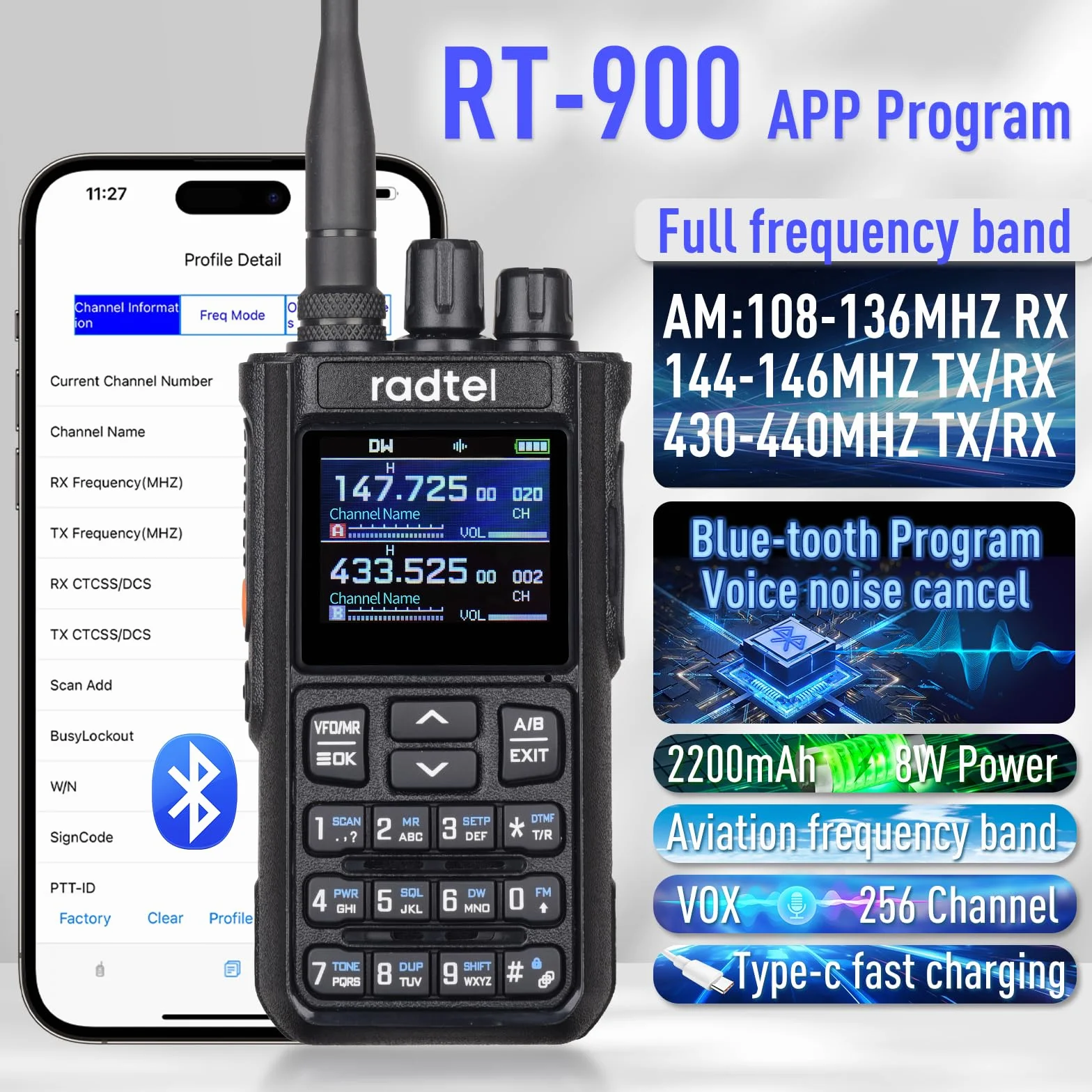 Radtel RT-900 Talkie-Walkie 8W Multi-Bande, Radio VHF/UHF 256 Canaux, Aviation, Marine, Batterie 2200mAh, Programmation Via Application