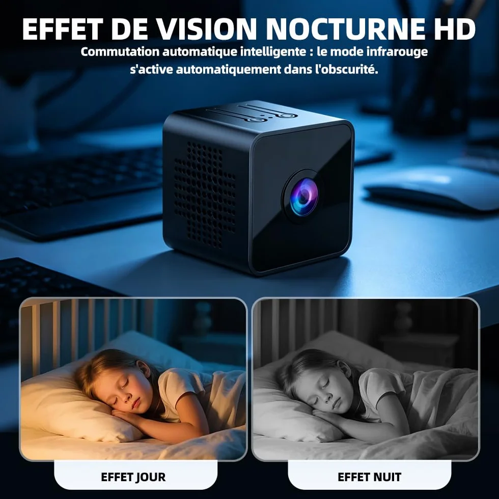 Mini Caméra Espion WiFi 1080P Full HD, Caméra de Surveillance Intérieure Discrète avec Détection de Mouvement et Vision Nocturne, Petite Caméra Connectée pour Bébé, Maison, Bureau et Auto, Noir