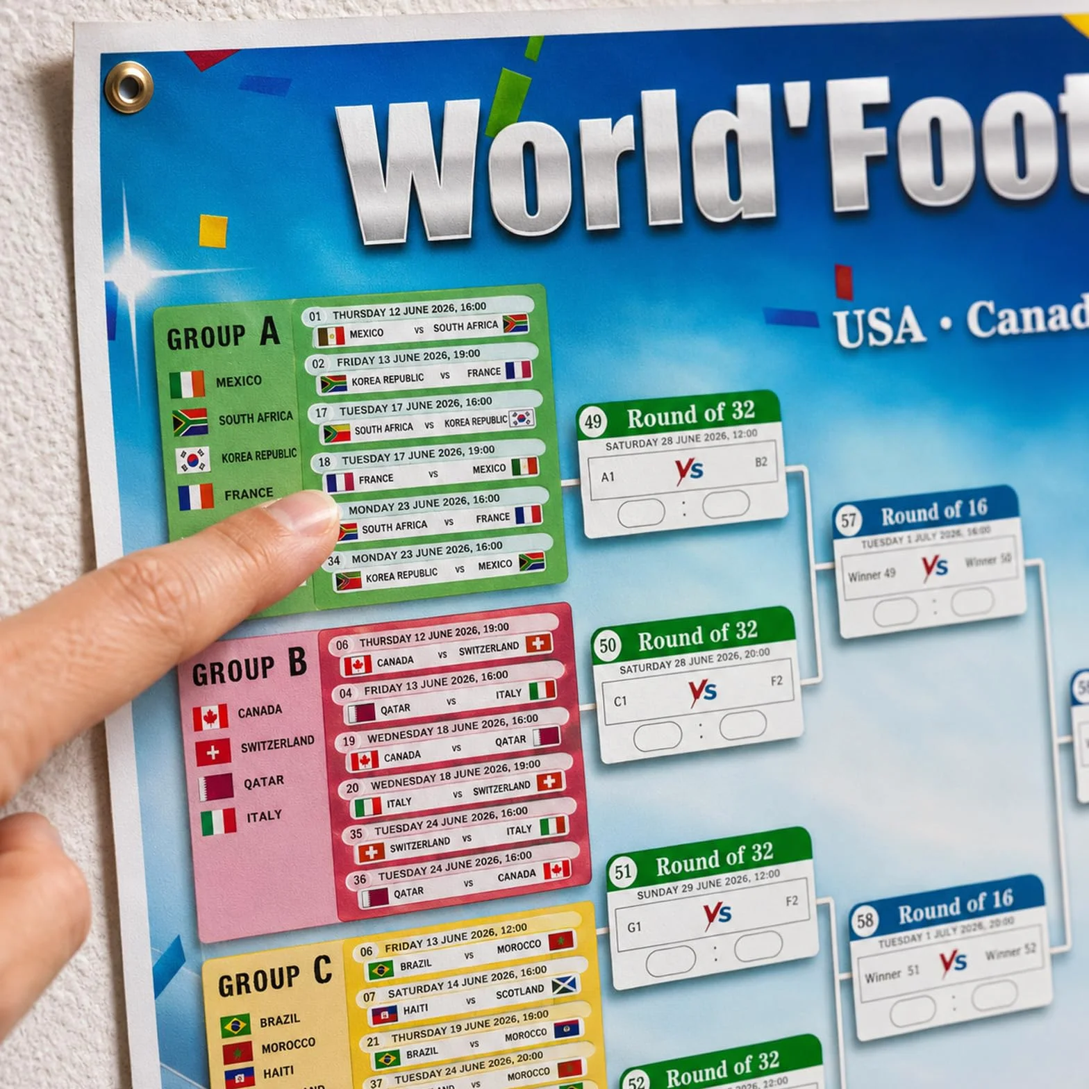 Affiche du Calendrier de la Coupe du Monde de Football 2026, 150 x 100cm, 48 Pays