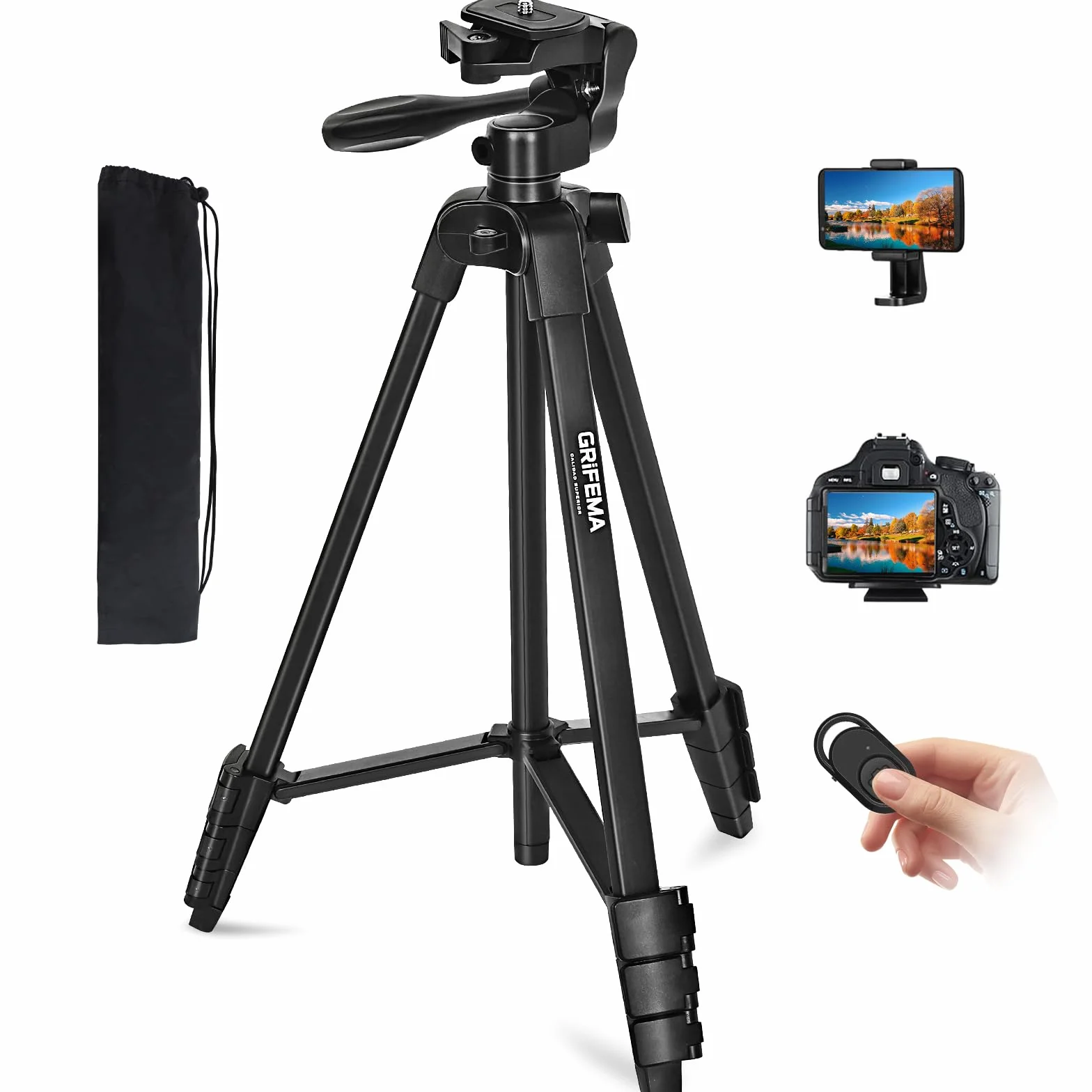 GRIFEMA Trepied Smartphone Pied Appareil Photo Pliable, 55”/140cm Alluminio Trepied Telephone avec Télécommande bluetooth et Support de fixation, Compatible avec iPhone/Android/Appareil Photo, GB1001