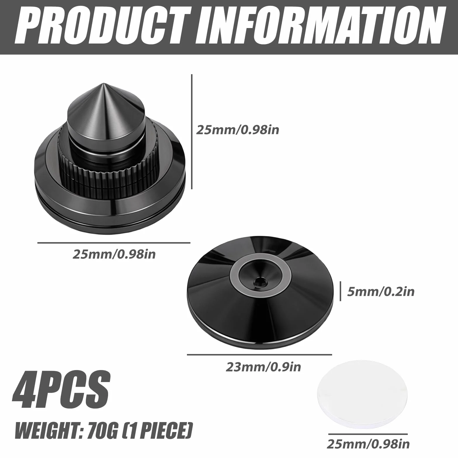 4 pièces pointes pour caisson de basses : pointes de haut-parleur avec 8 tapis antidérapants et 4 coussinets de base, support de haut-parleur anti-vibrations, hauteur non réglable, pics d'enceinte