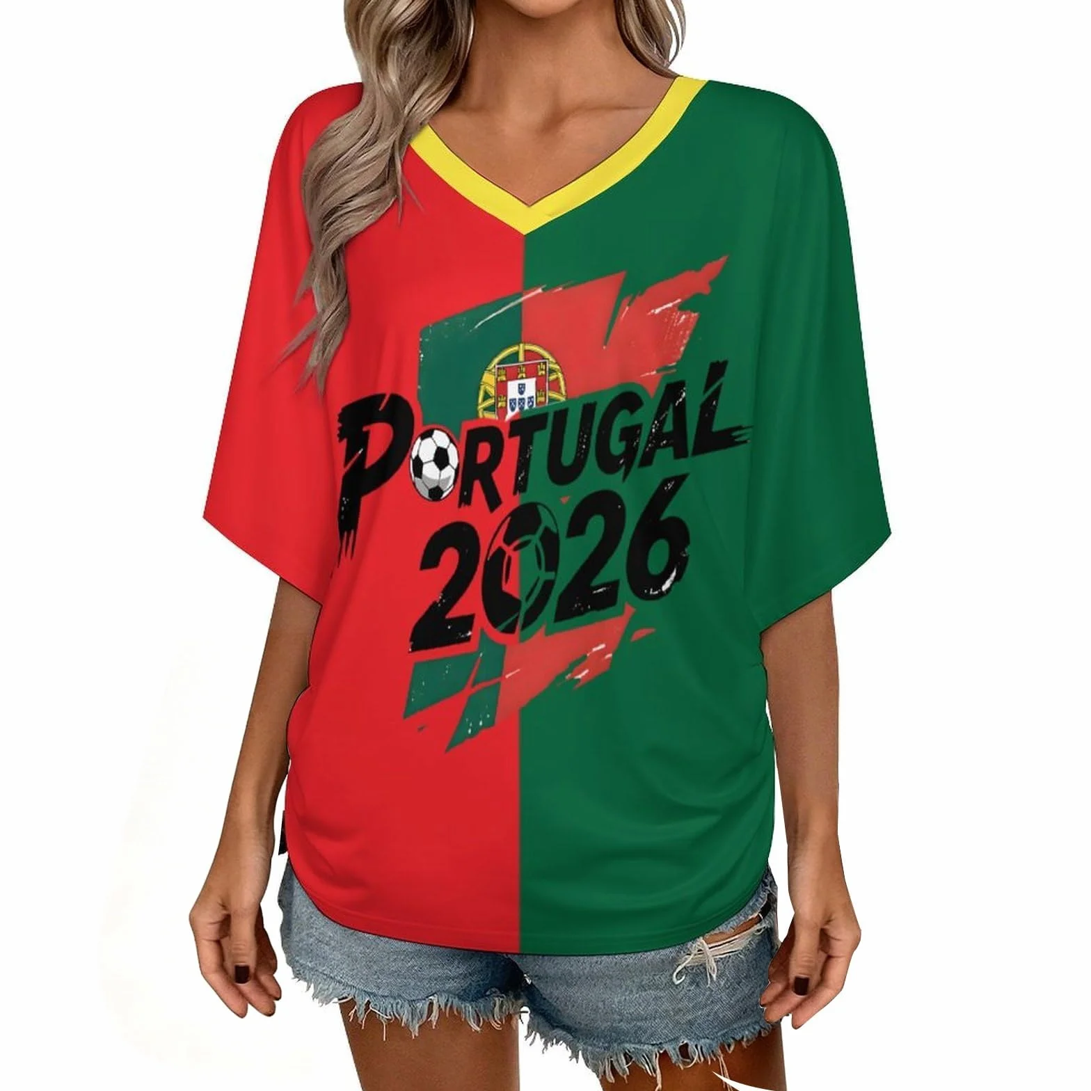 T Shirt Personnalisé Femme Fan Foot Coupe du Monde Oversize Col V Imprimé Drapeau National Maillot Manches Courtes 2026