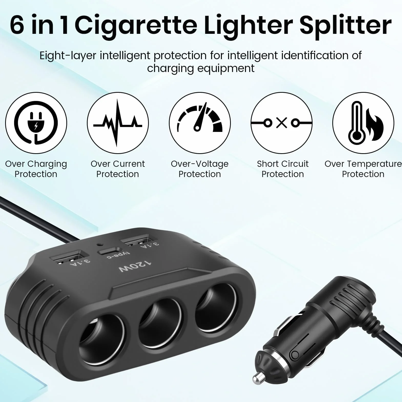 120W Prise Allume Cigare 12V 24V, Adaptateur avec 3 Prises Allume-Cigare 2 USB-A Port 1 Type C 5V 3.1A, Multi Chargeur Splitter avec LED pour Tablette GPS Phone Dash Cam Caméra Voiture