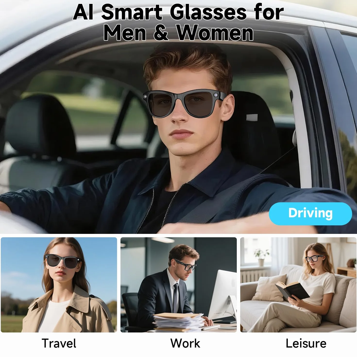 ELECGO AI Smart Glasses with 8MP HD 1080p Video Camera, Bluetooth Audio Sunglasses, Real Time Translation, Voice Control, 15° Adjustable Temple