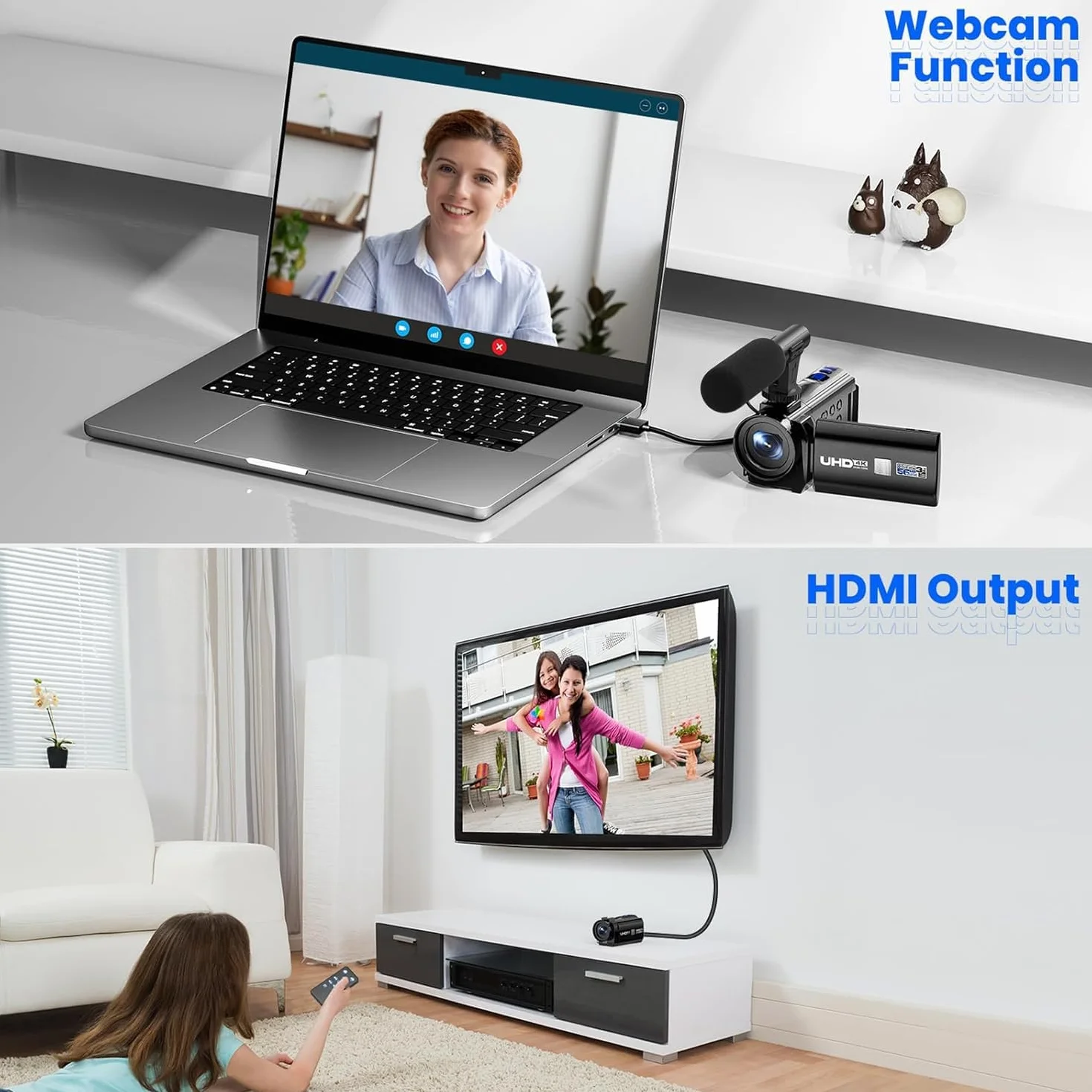 Caméra Vidéo 5K WiFi 56MP Double Objectif 16X Zoom Numérique IR Vision Nocturne 3" Écran Tactile avec 2 Piles et Carte 64 Go