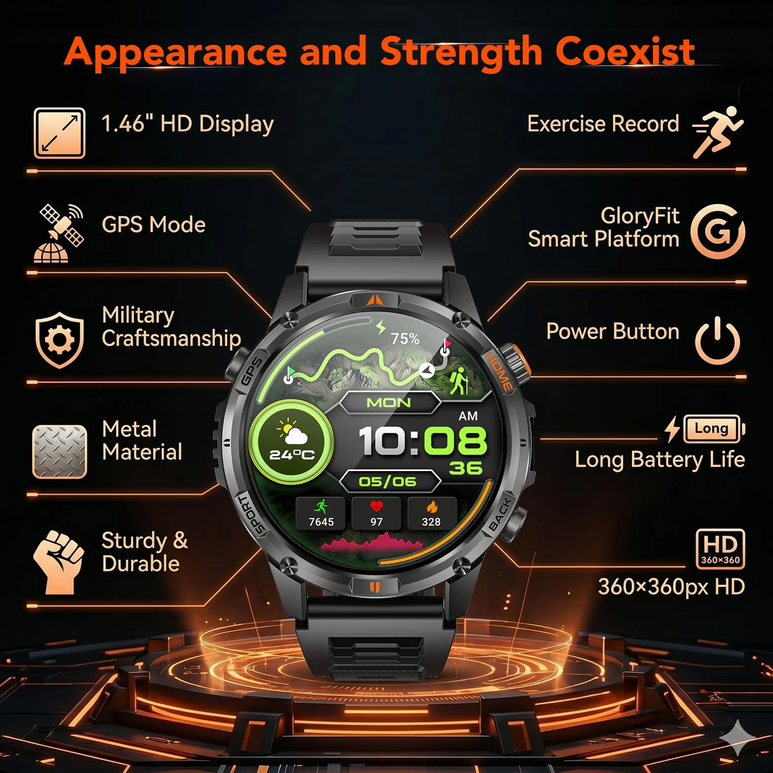 Montre Connectée Homme GPS Smartwatach: 1.46" HD Smart Watch Appel Bluetooth Fréquence Cardiaque SpO2 580mAh Batterie 100+ Modes Sportifs IP68 Etanche Surveillance Santé Torche LED pour iOS e Android