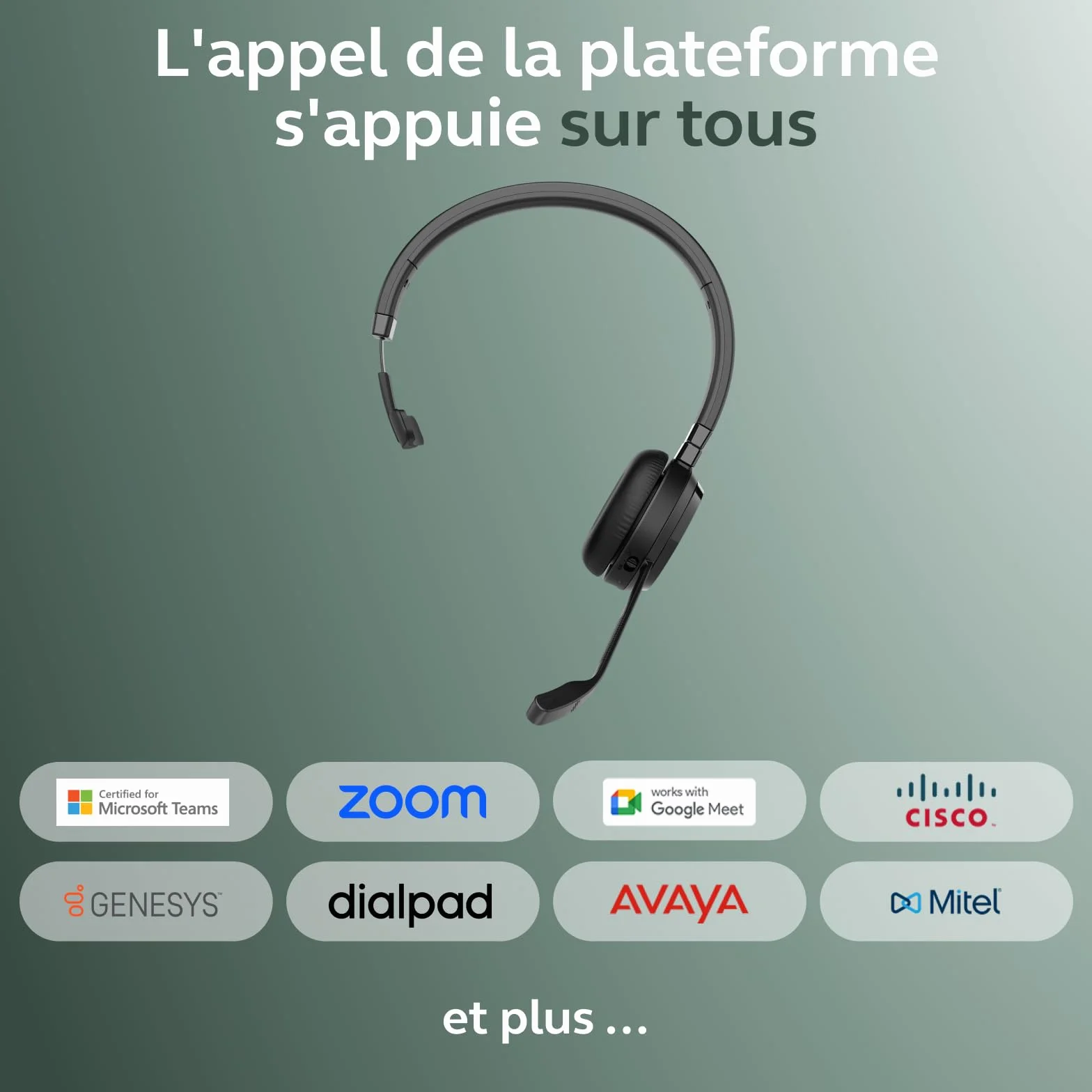 Jabra Evolve 65 Te (3e édition 2025) Micro-Casque Mono Bluetooth sans Fil, se connecte à 2 appareils, 16 h d’autonomie, Micro antibruit, Adaptateur USB-A, Fonctionne avec Les applis de réunion, Noir