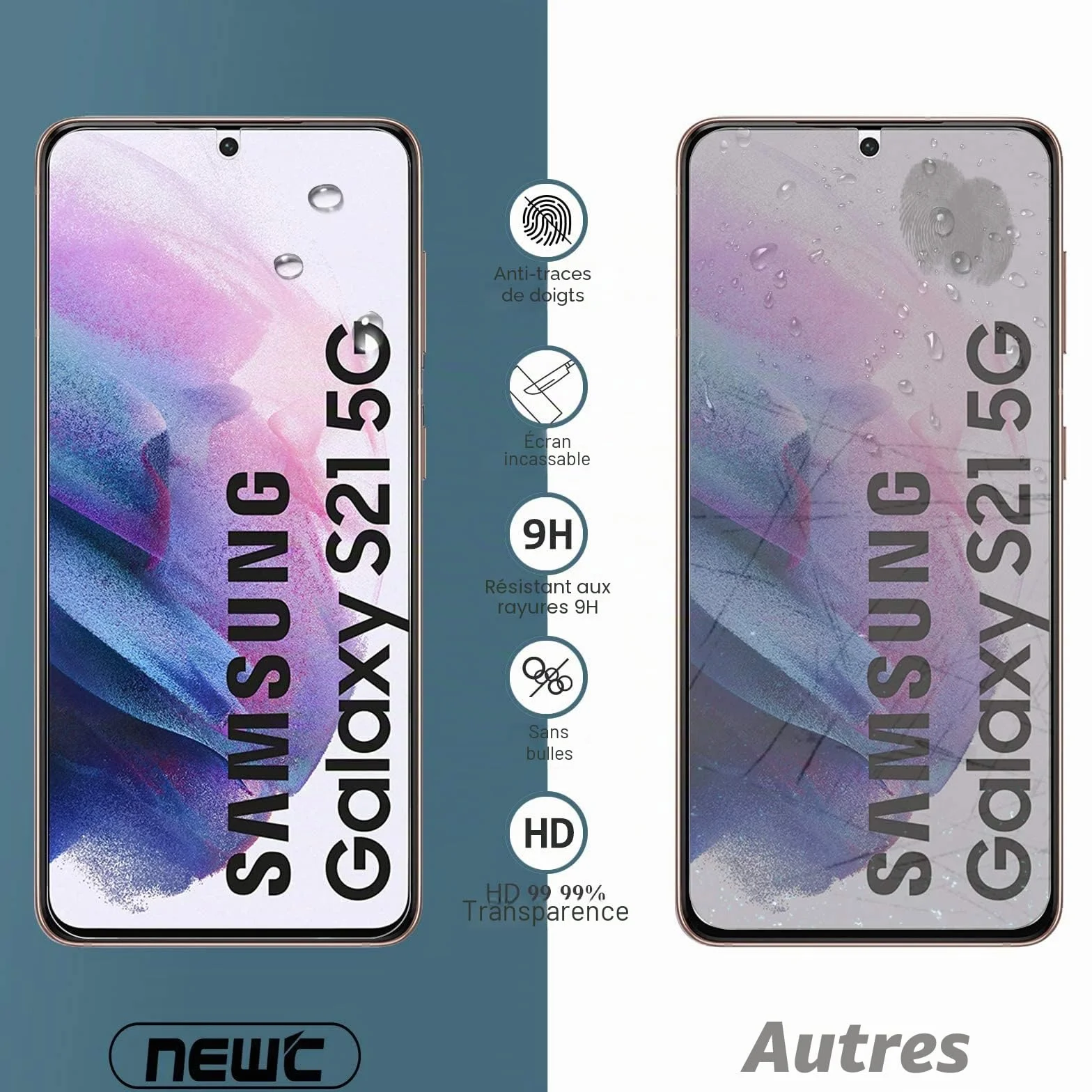 NEW'C Lot de 2, Verre Trempé pour Samsung Galaxy S21 5G (6.2), Film Protection écran -sans Bulles d'air -Ultra Résistant (0,26mm HD Ultra Transparent) Dureté 9H Glass