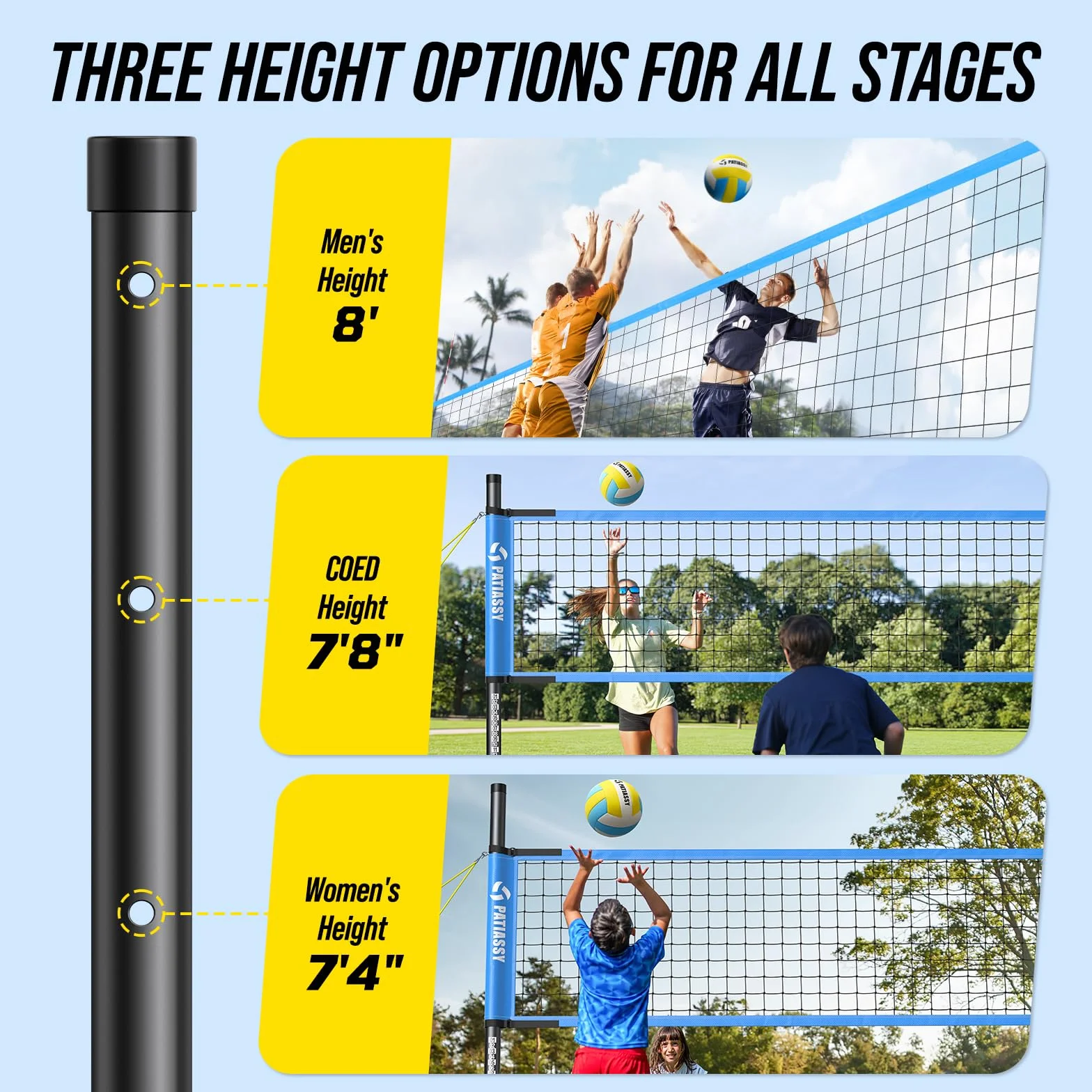 Filet de volleyball professionnel avec poteaux en acier réglables et ballon en polyuréthane pour plage et jardin