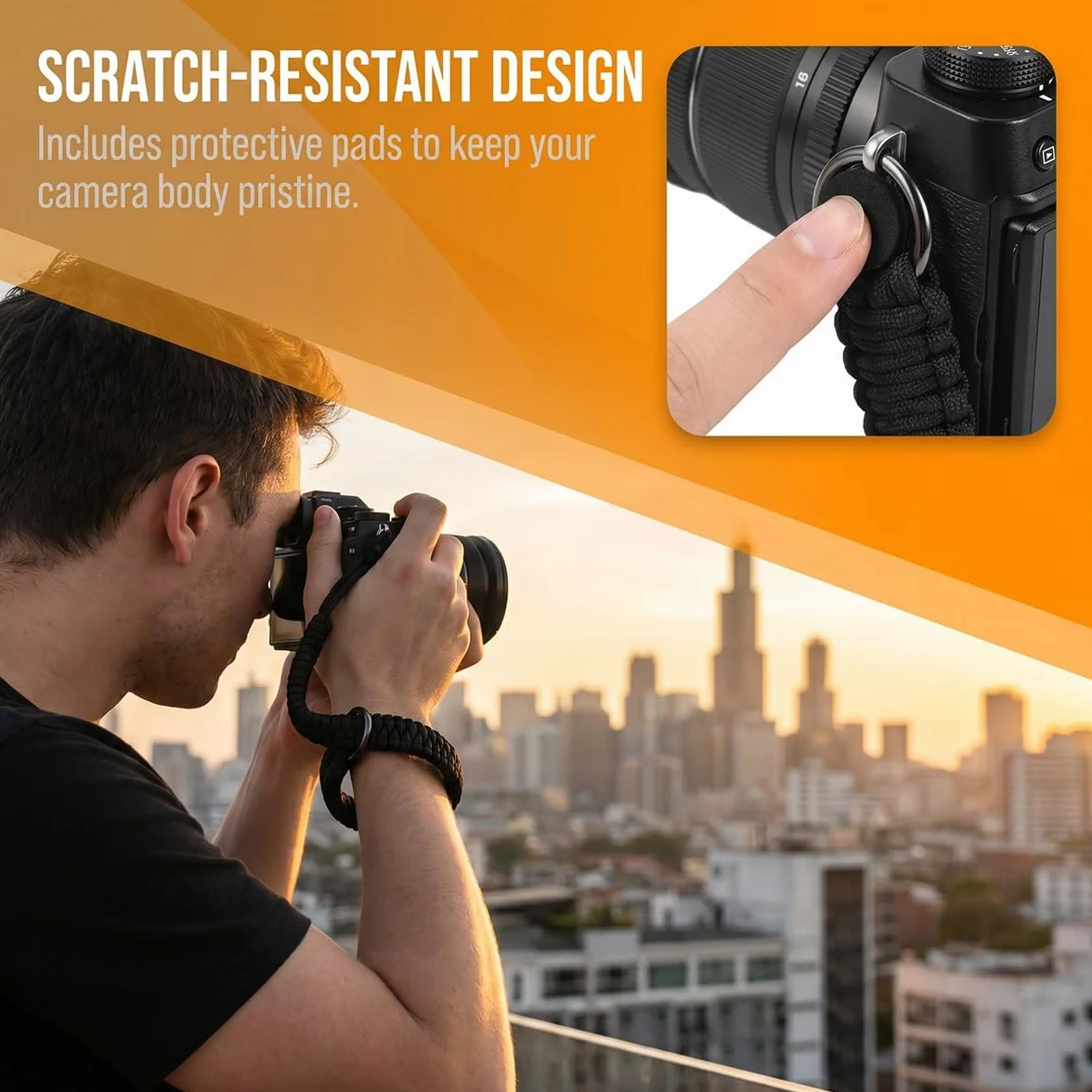 Dragonne Appareil Photo en Paracord 550, Noir Sangle de Poignet pour Appareil Photo, avec Anneaux en D, Compatible avec DSLR, Action Cam et Compact, Accessoire Sécurisé pour Photographie en Plein Air