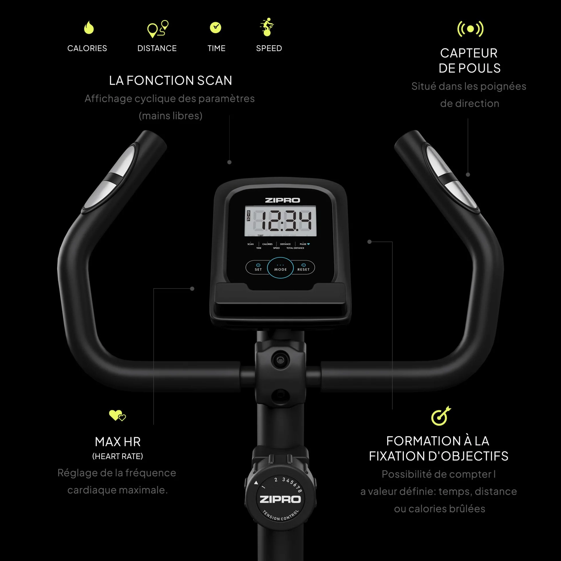 ZIPRO Vélo d'Appartement Adulte Résistance Magnétique 8 Niveaux Écran LCD