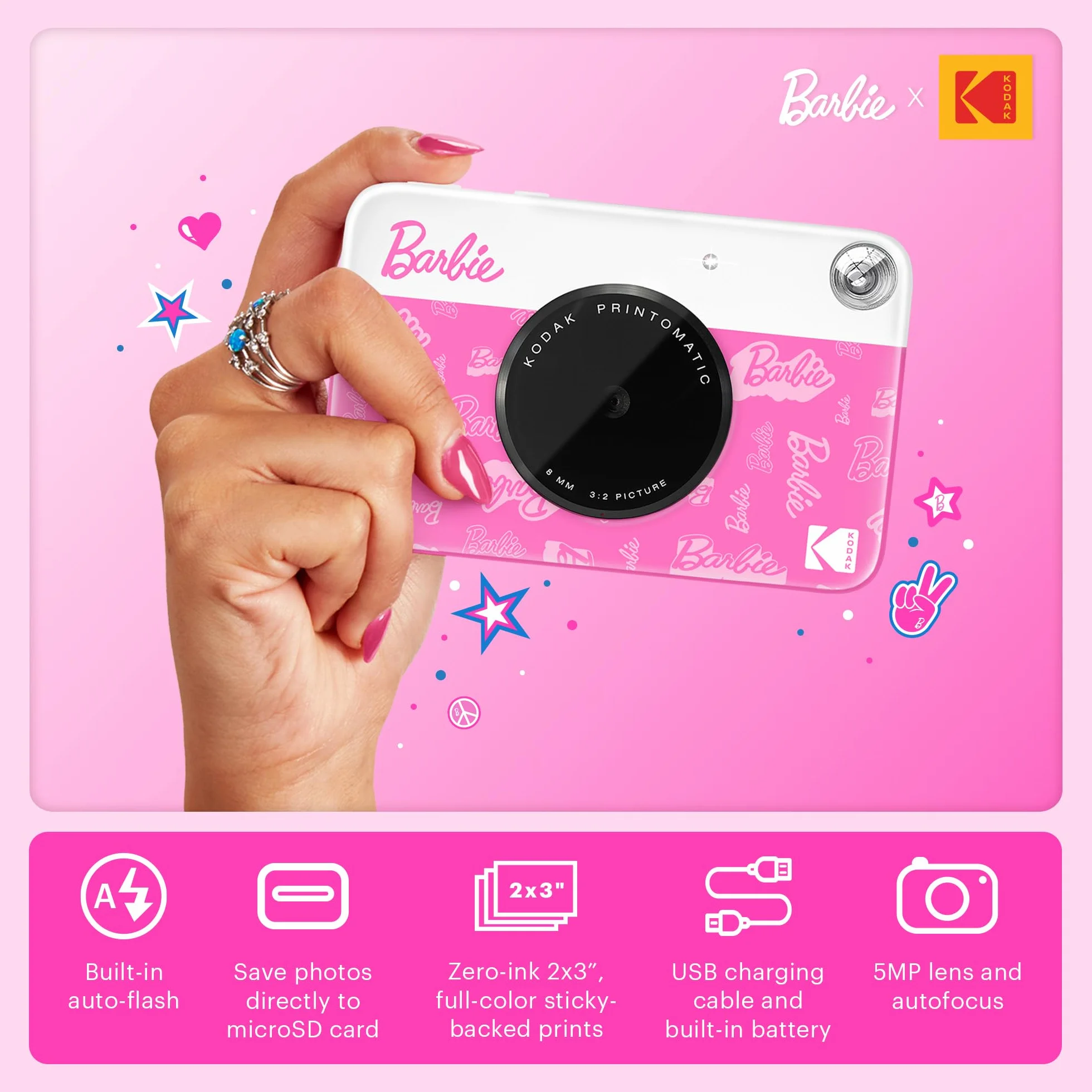 Kodak x Barbie Printomatic Appareil Photo numérique instantané Couleur Appareil Portable Barbie 5 MP, Zink 2x3 (5,1 x 7,5 cm) Papier Photo à Dos adhésif, Style Signature