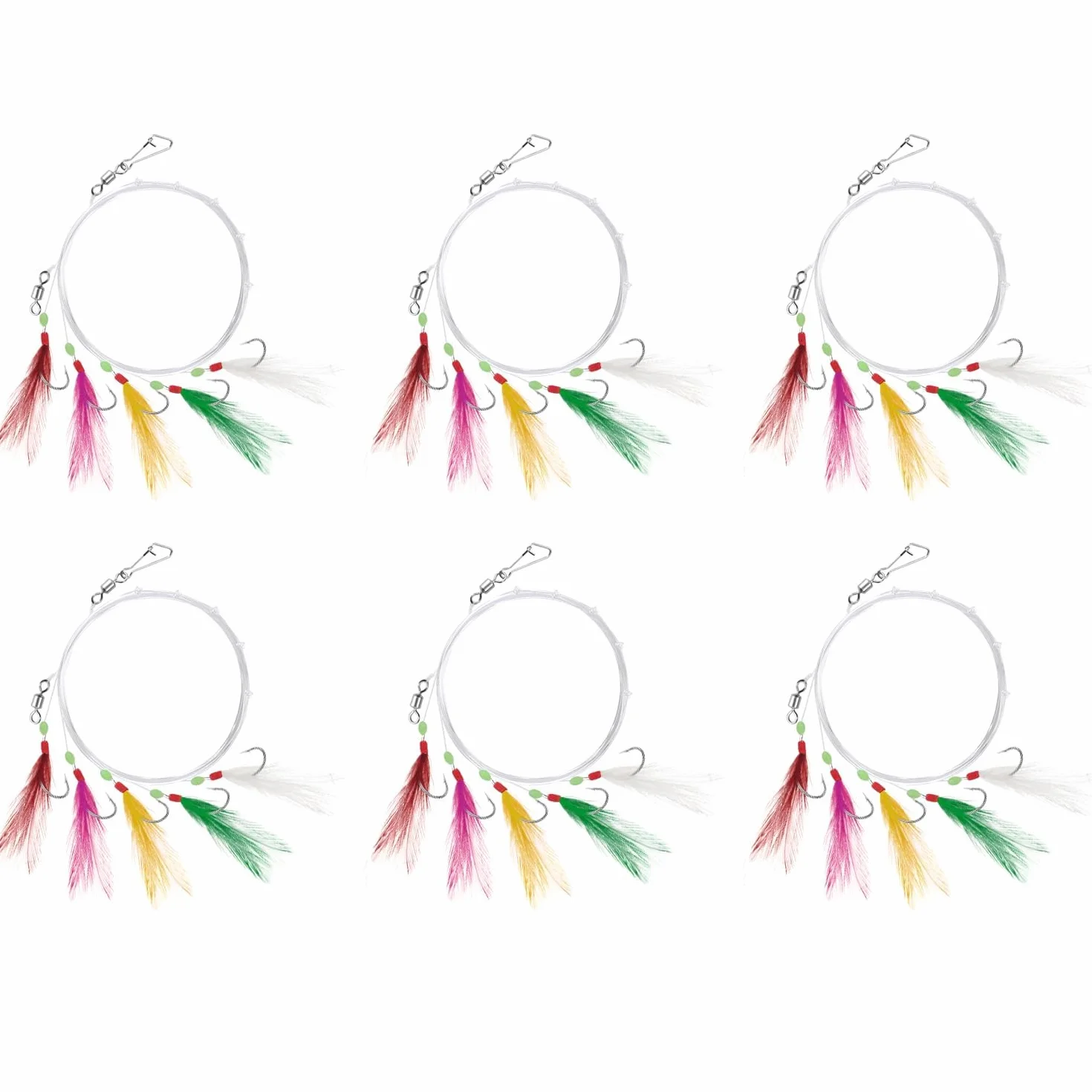 Lot de 6 Appâts Pré-assemblés pour Maquereau, 30 Hameçons Imitation Insecte, 5 Couleurs Fluorescentes