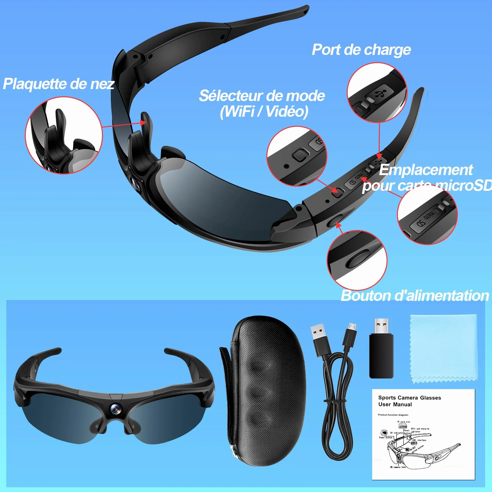 TANGMI Lunette Camera Sport 1080P HD Grand Angle 120° WiFi Enregistrement 2 Heures Cyclisme Ski Plein Air