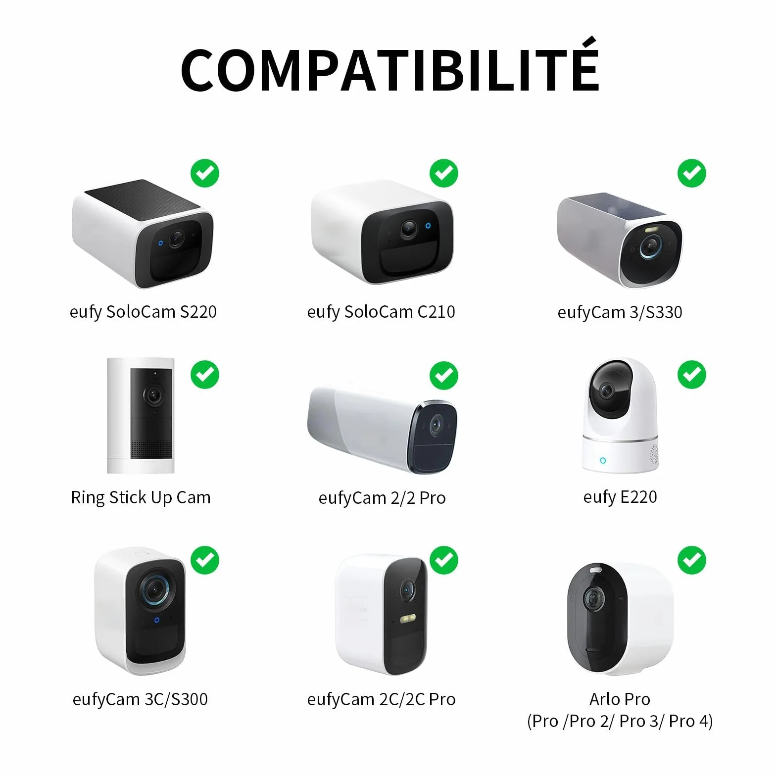 Support Flexible pour caméra pour Ring, Blink, Eufy, Google Nest, Wyze, Arlo et Autres caméras d'intérieur et d'extérieur avec Trou fileté 1/4, sans Outils ni dommages au Mur, Blanc