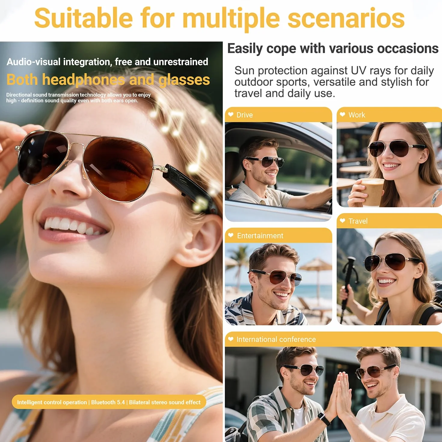 LONGLU Lunettes intelligentes, lunettes intelligentes AI avec application Hyper MZT – Traduction en temps réel de plus de 100 langues, photographie tactile, protection UV400 et Bluetooth 5.4 (marron)