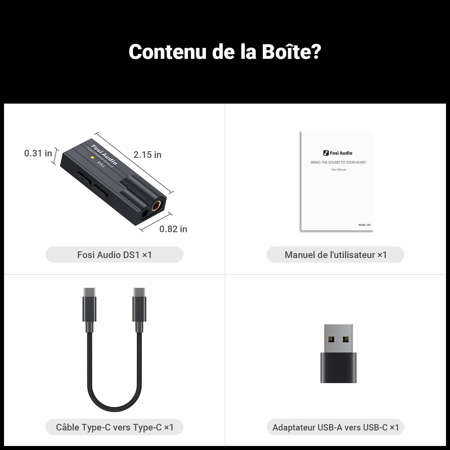 Fosi Audio DS1 Ampli Casque, Puce DSD512, Mini Amplificateur Audio, Dac Audio HiFi, USB C DAC ES9038Q2M, Prend en Charge 32 bits/768 kHz avec Double Sortie Casque 4,4 mm et 3,5 mm, pour Casque