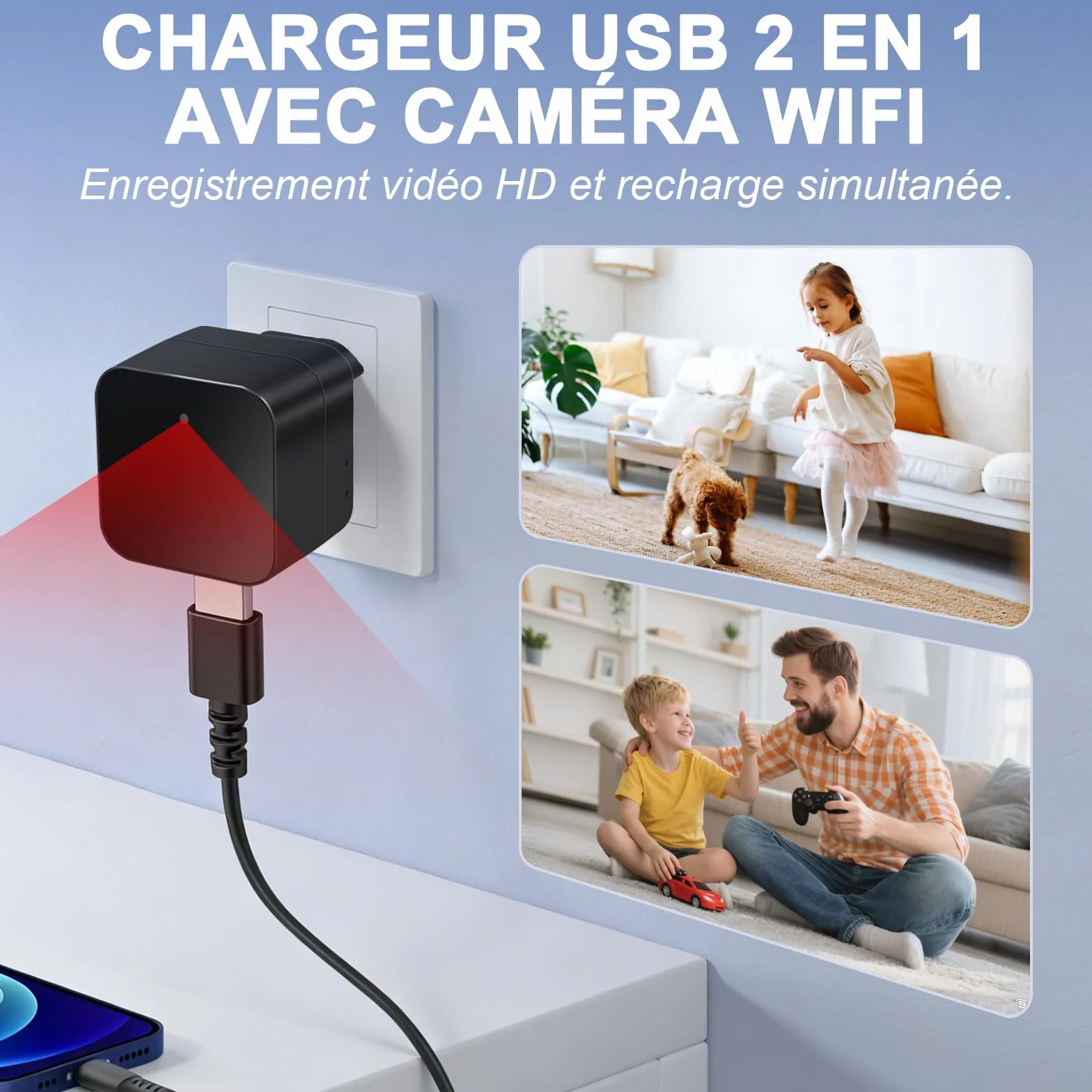 Caméra Espion WiFi 5G Cachée dans Chargeur USB Mini 1080P Détection Mouvement Enregistrement Boucle Visionnage à Distance Normes Européennes