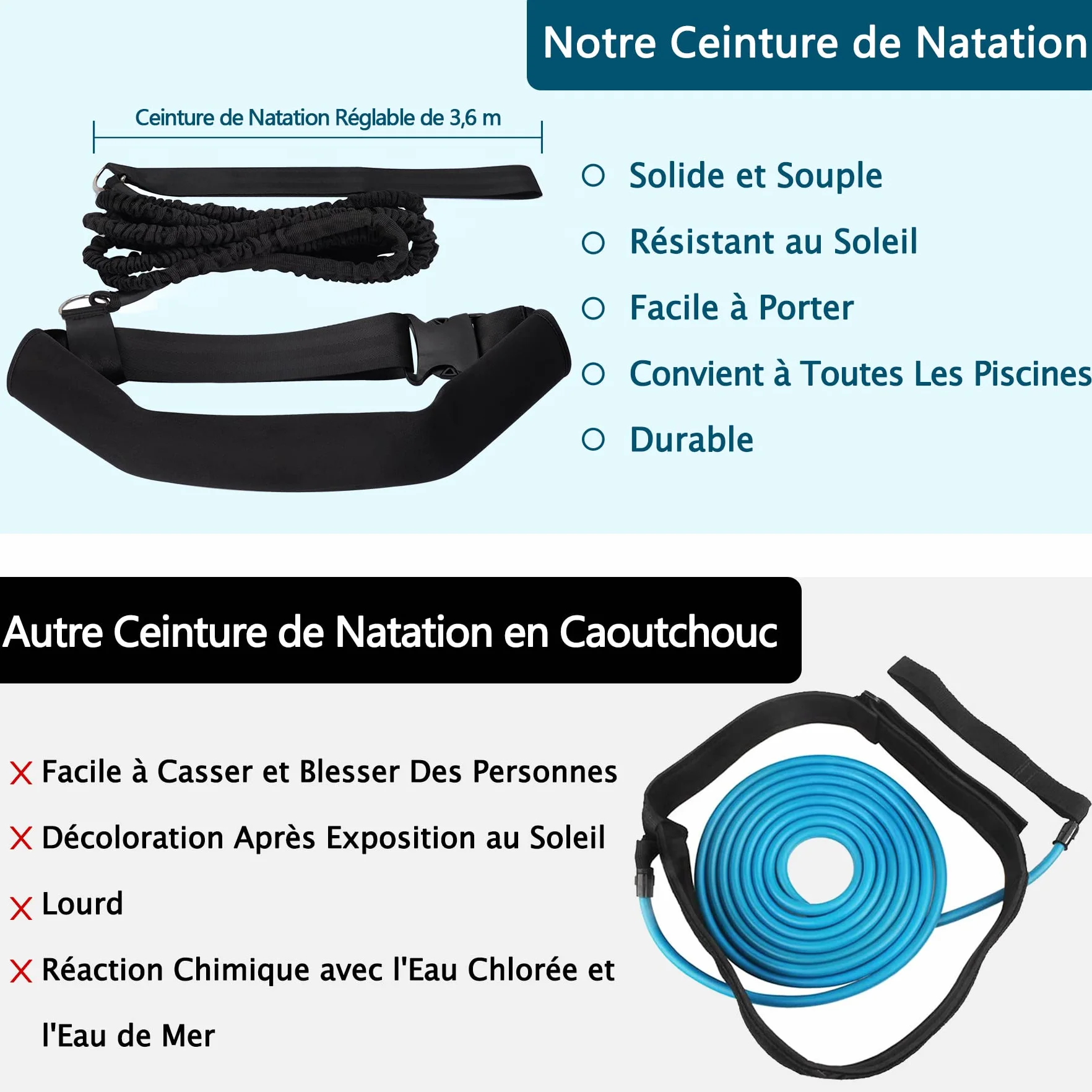 Boosteady Ceinture de Natation Piscine 3.6M réglable Entraînement Enfants Adultes