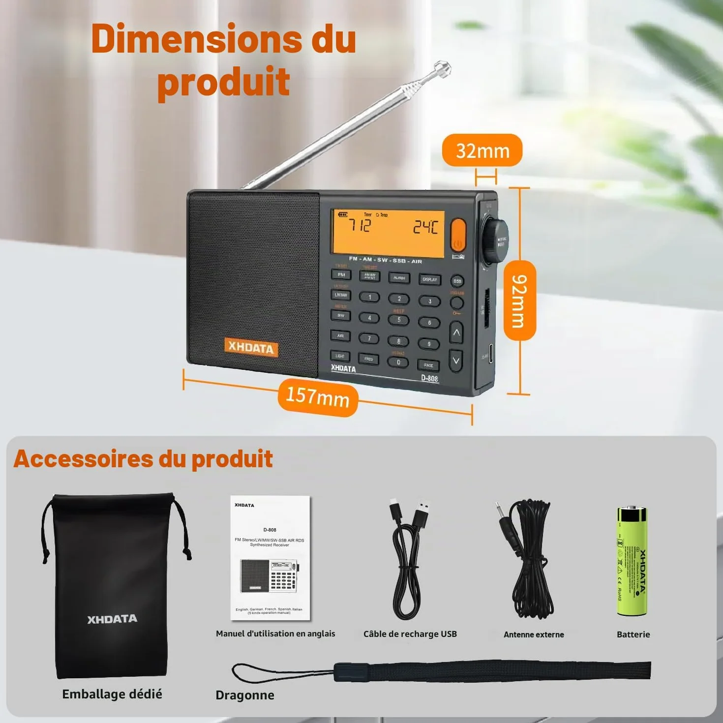XHDATA D-808 Portable Radio Numérique FM Stéréo/SW/MW/LW SSB RDS Bande Air Band Multi Haut-Parleur avec Affichage LCD Réveil Antenne Externe et 2000mah Batterie (Gris)