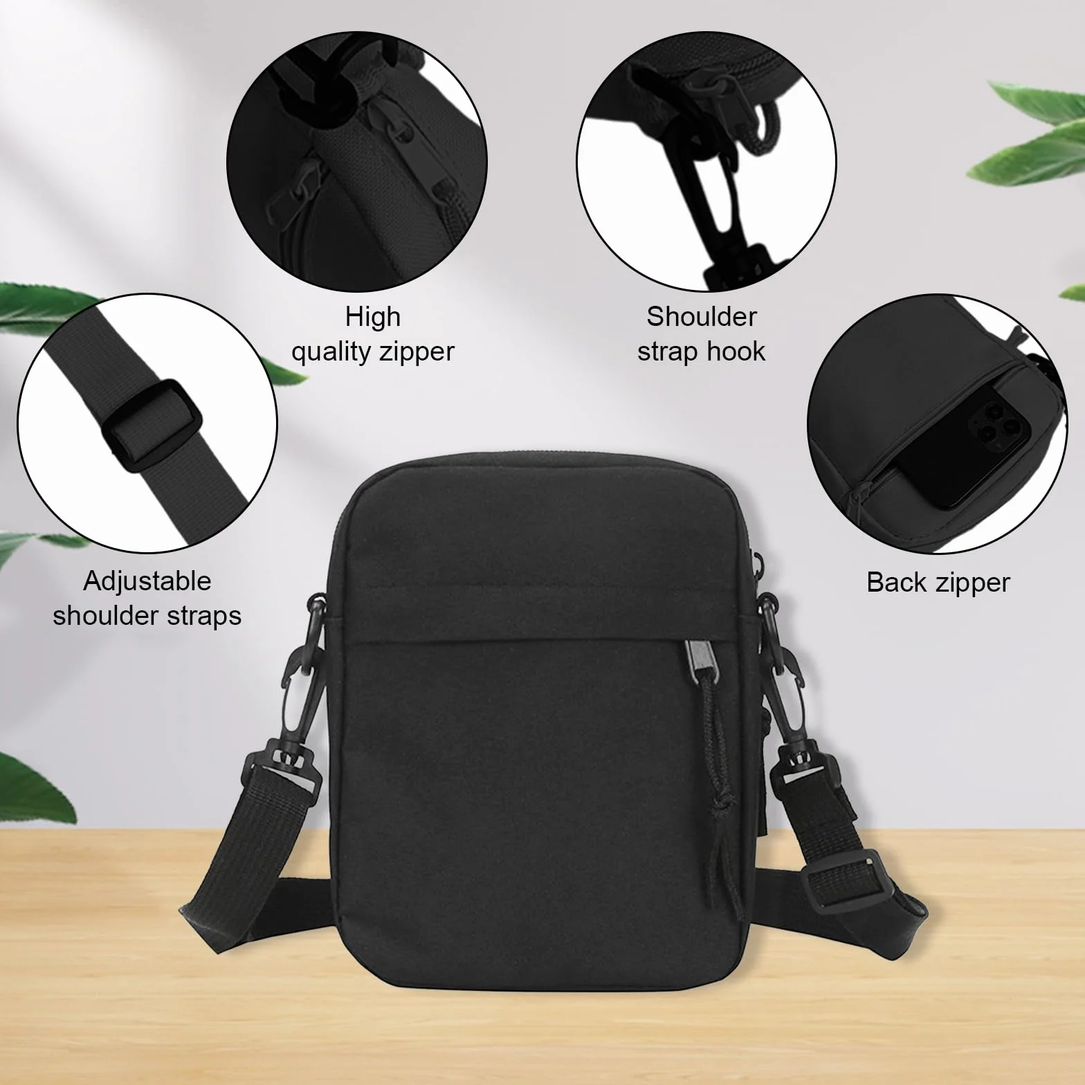 Sac Bandoulière Toile Homme Femme Randonnée Voyage Chargeur USB Noir