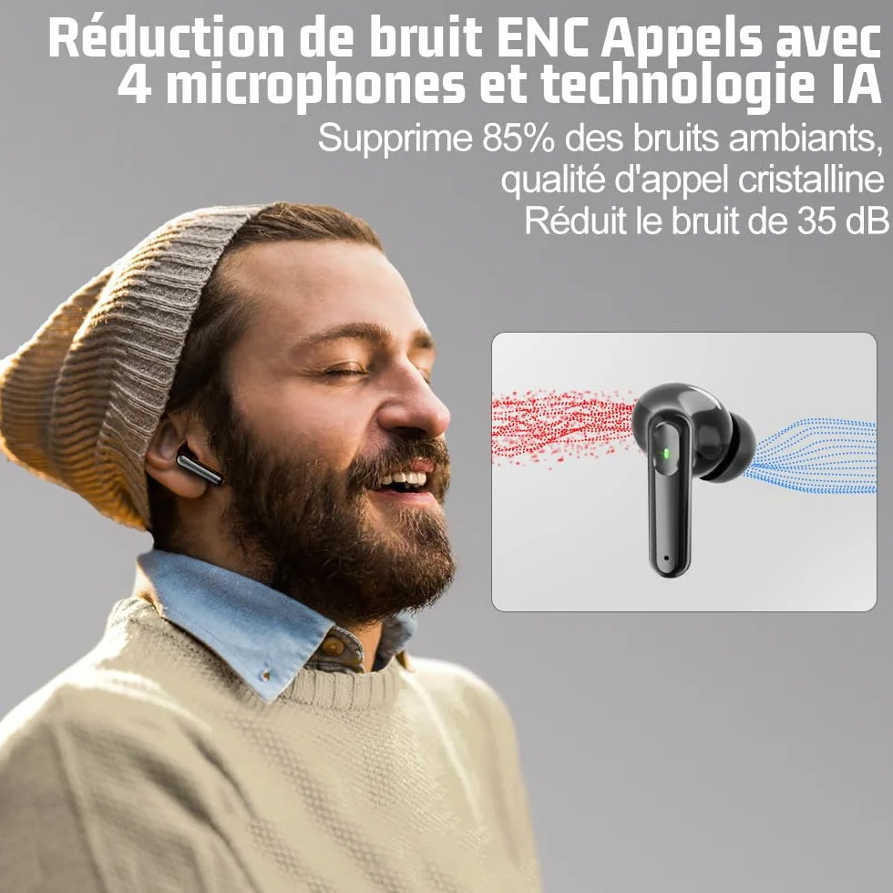 Ecouteurs Bluetooth sans Fil, Écouteurs sans Fil Bluetooth 5.3, 4 Micro ENC Anti Bruit, Basses Puissantes, 60H de Lecture, étanchéité IPX7, Oreillette pour iphone Android (Noir Profond)