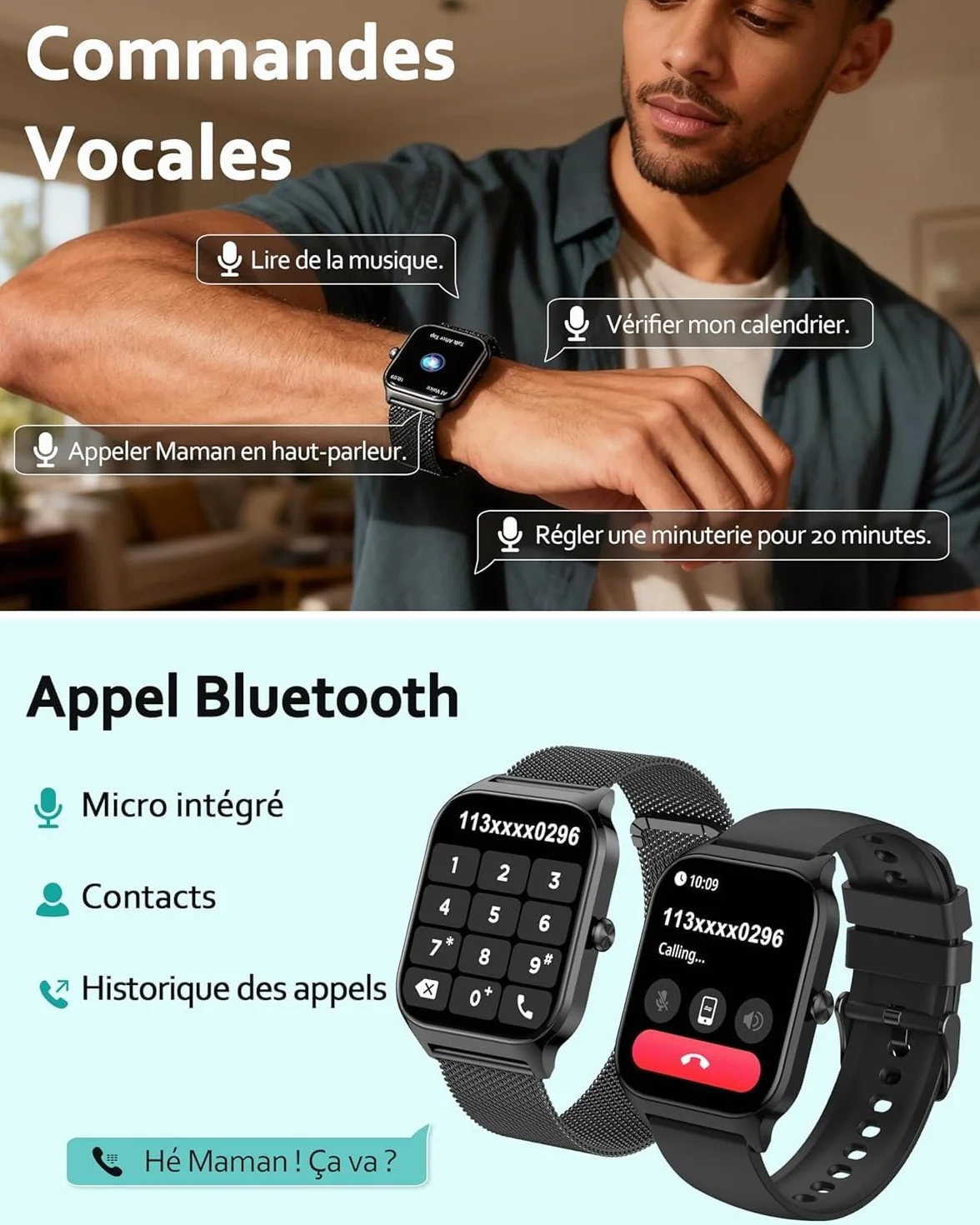 Popglory Montre Connectée pour Samsung Apple Android Phone, 1.85" Smartwatch Homme Femme avec Appel Bluetooth, Tensiomètre, Fréquence Cardiaque, SpO2, Stress, Sommeil, Podomètre, 100+ Sports, Cadeau