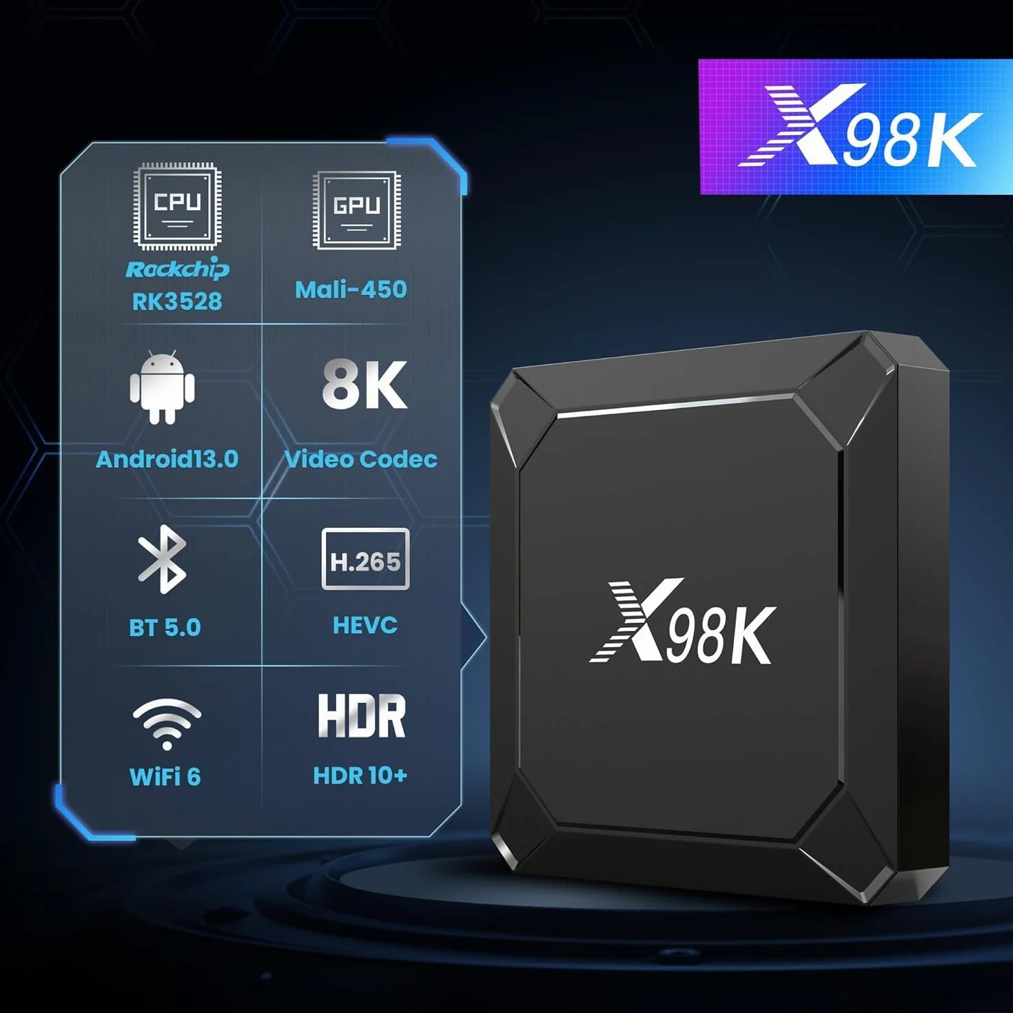 Boîtier TV Android 13.0 Android TV Box X98K 4GB RAM 32GB ROM RK3528A CPU Quad Core Arm Cortex A53 Android Box Support 2.4/5.0GHz WiFi6 BT5.X 4K 100M Ethernet USB 3.0/2.0 TV Box Android