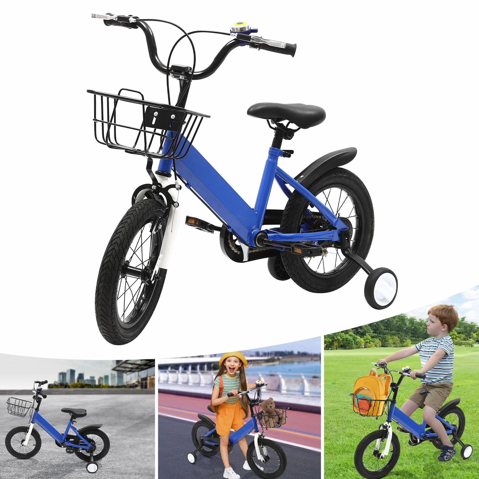 Vélo enfant 14 pouces roues stabilisatrices équilibre garçons filles 3-6 ans siège réglable rétropédalage frein main