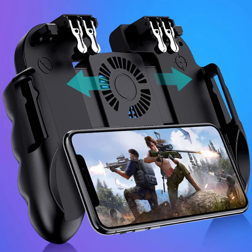 Manette Telephone avec Ventilateur, Contrôleur de Jeu Mobile Portable 6 Doigts Gamepad Joystick L1R1 L2R2 pour PUBG Android iOS iPhone Samsung Huawei Smartphone