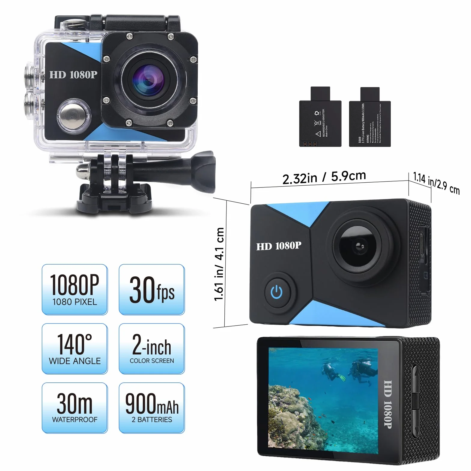 Caméra Sport 1080P 12MP 2" Écran LCD Étanche 30M avec Batteries et Accessoires Vélo