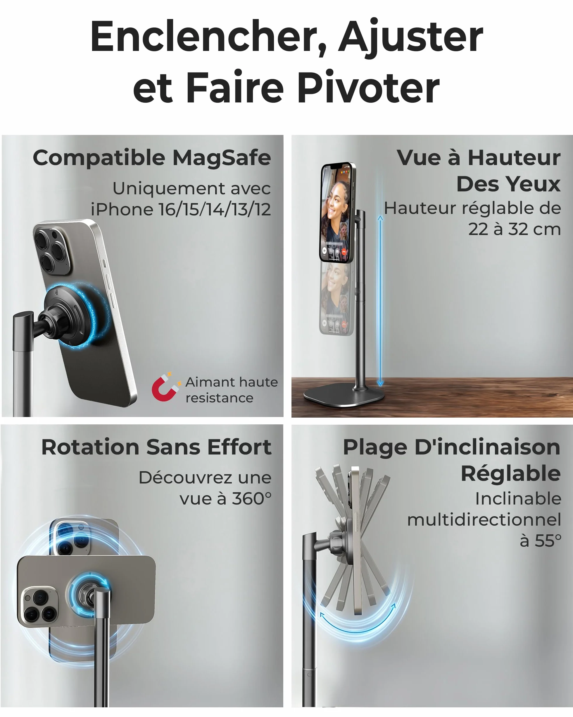 COOPER MagStand Magnétique Réglable Support iPhone pour Bureau Enregistrement Vidéo Compatible MagSafe iPhone 17 Pro Max 16/15/14/13/12 Petit Trépied