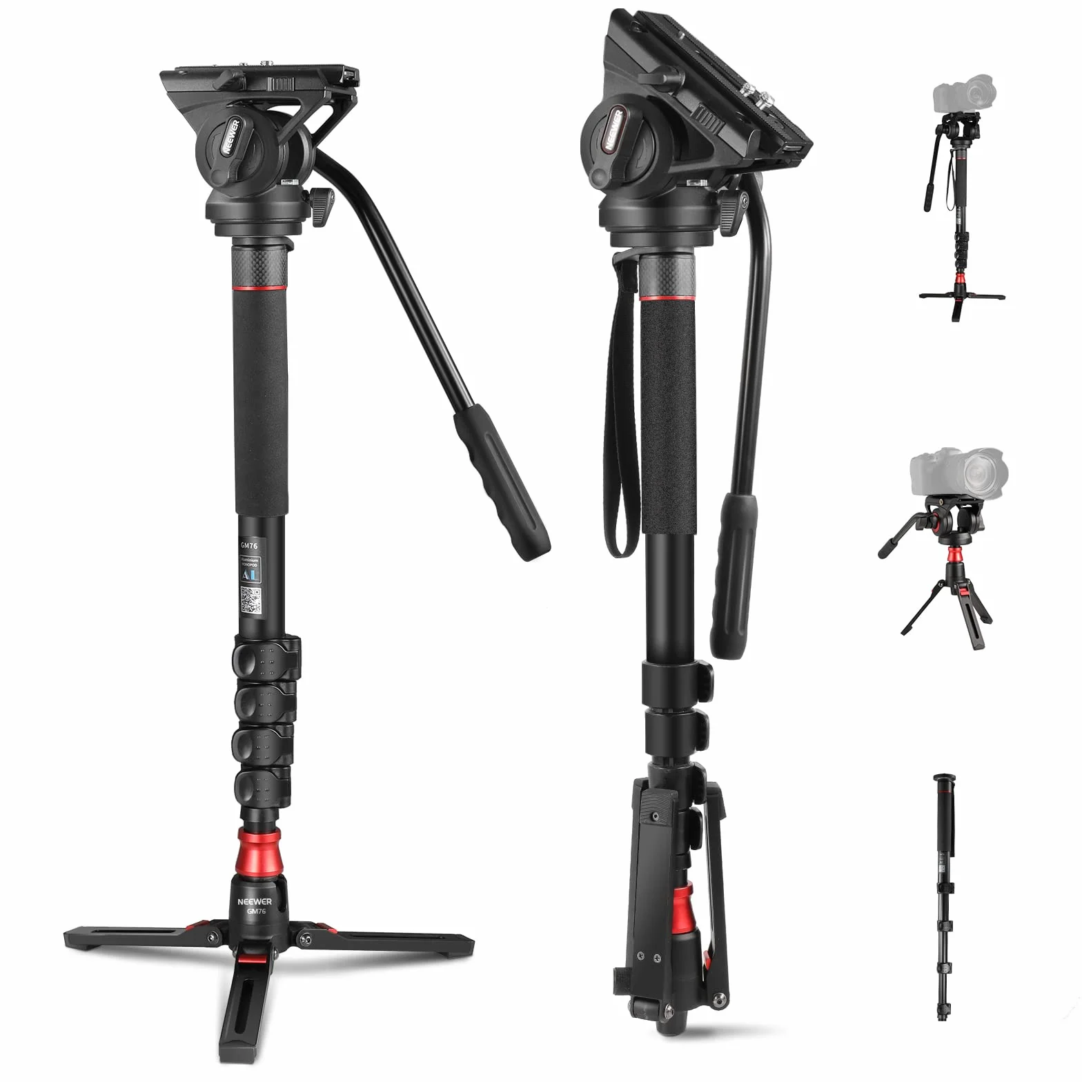 NEEWER GM76 Monopode professionnel pour appareil photo avec pieds, télescopique, portable, en aluminium, tête fluide, inclinable, pied amovible, pour appareil photo reflex numérique, charge maximale 6