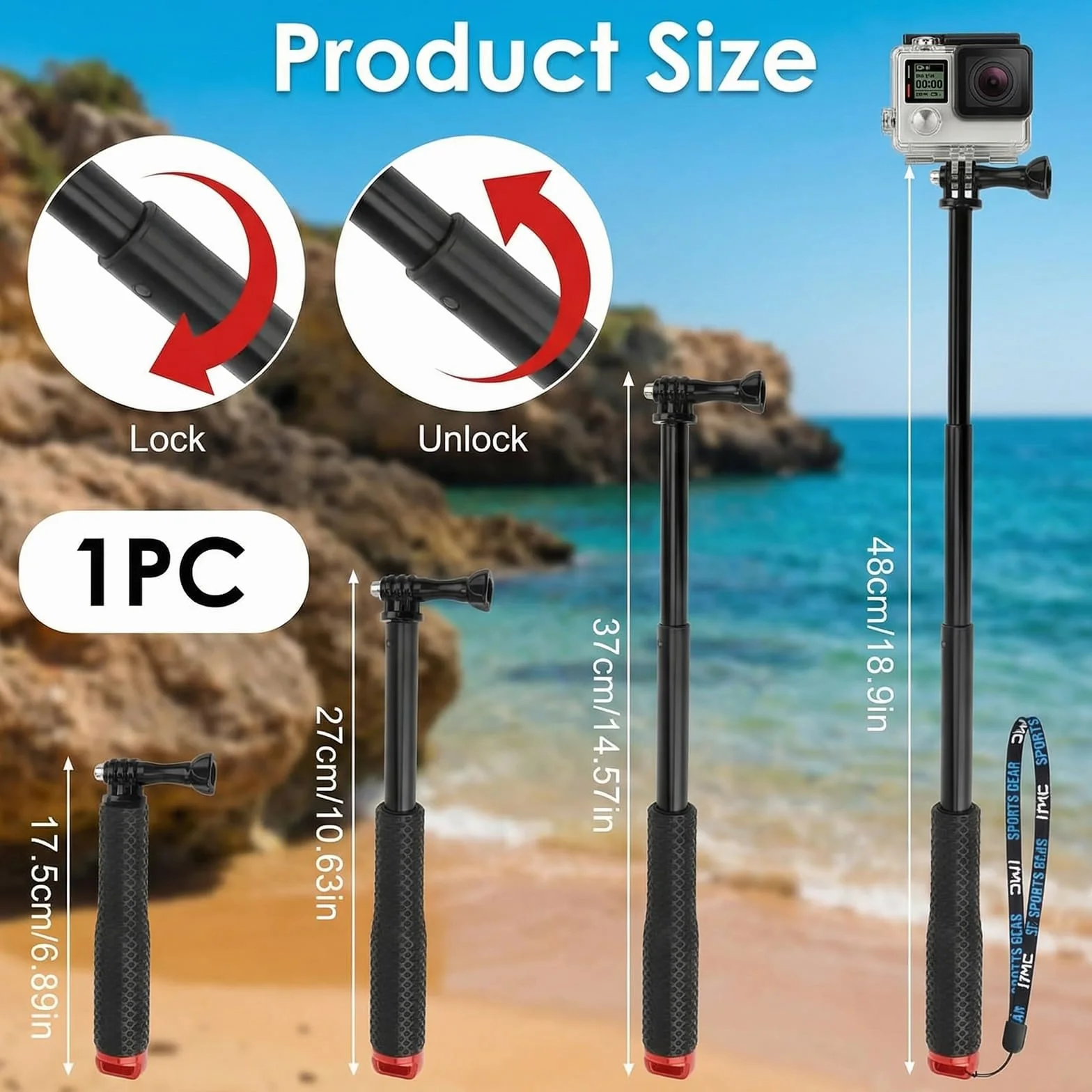 Perche Etanche pour GoPro et Action Cam, télescopique 49 cm, Format Compact 18 cm, Perche à Selfie Etanche sous Marine, Compatible DJI Osmo Action, Insta360 Ace Pro