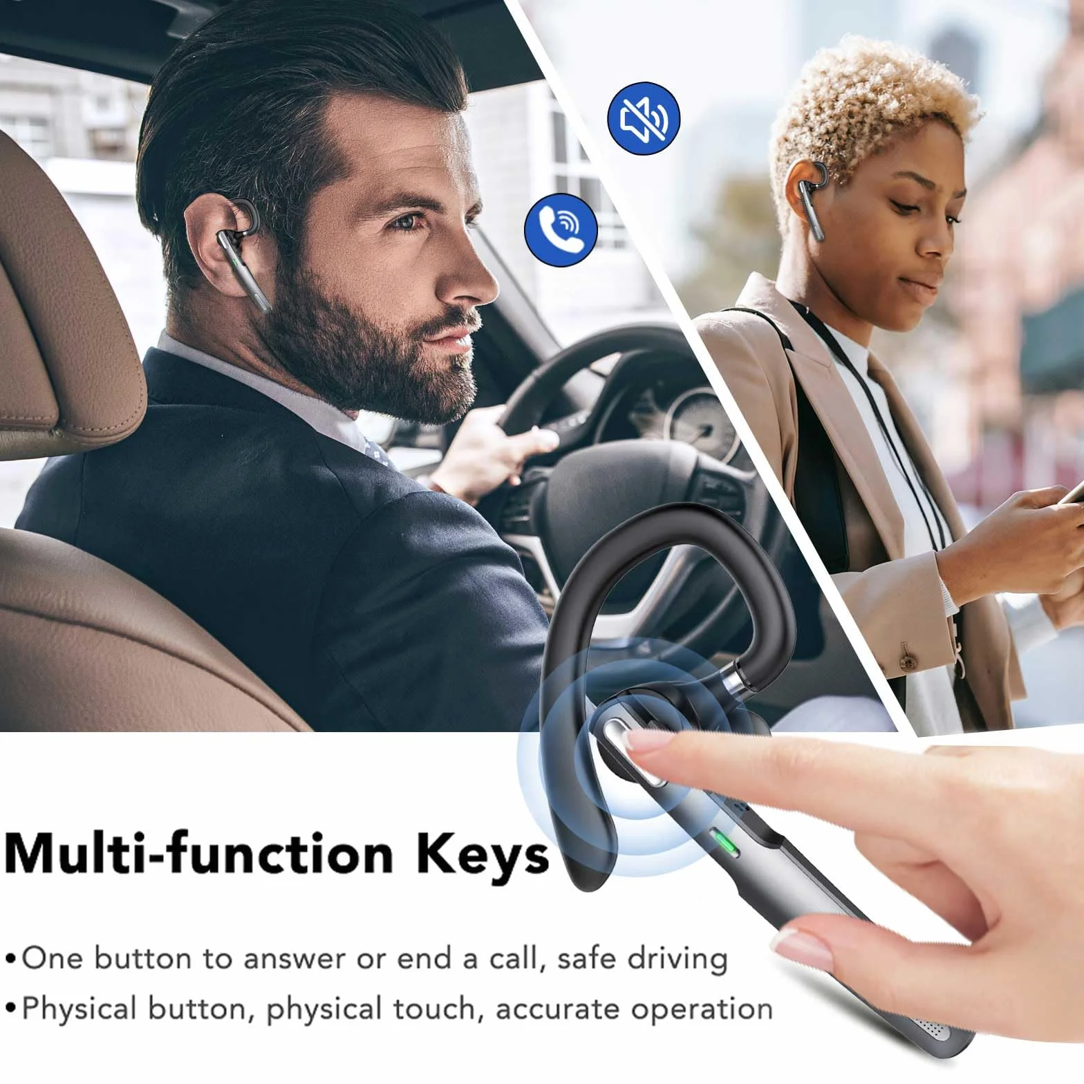 Oreillette Bluetooth sans Fill V5.3, Main Libre Bluetooth Oreillette, Casques Bluetooth Mono écouteur avec 2 ENC Réduction Bruit Mic, 100H Appel avec Écran LED, IP7 Étanche pour iOS Android