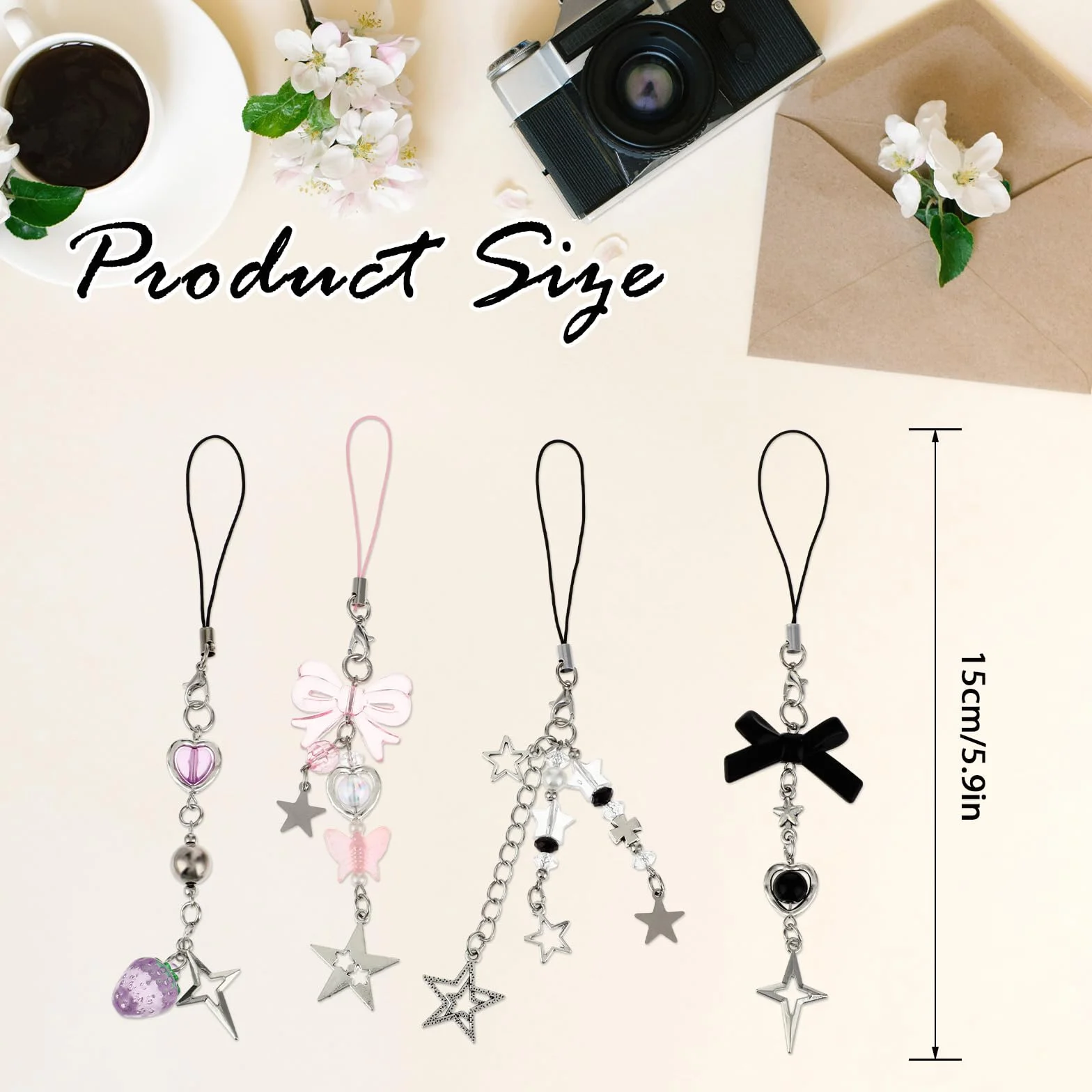 Amaxiu Lot de 4 breloques mignonnes - Motif fraise, papillon, étoile - Accessoire pour coque de téléphone portable - Porte-clés, décoration appareil photo