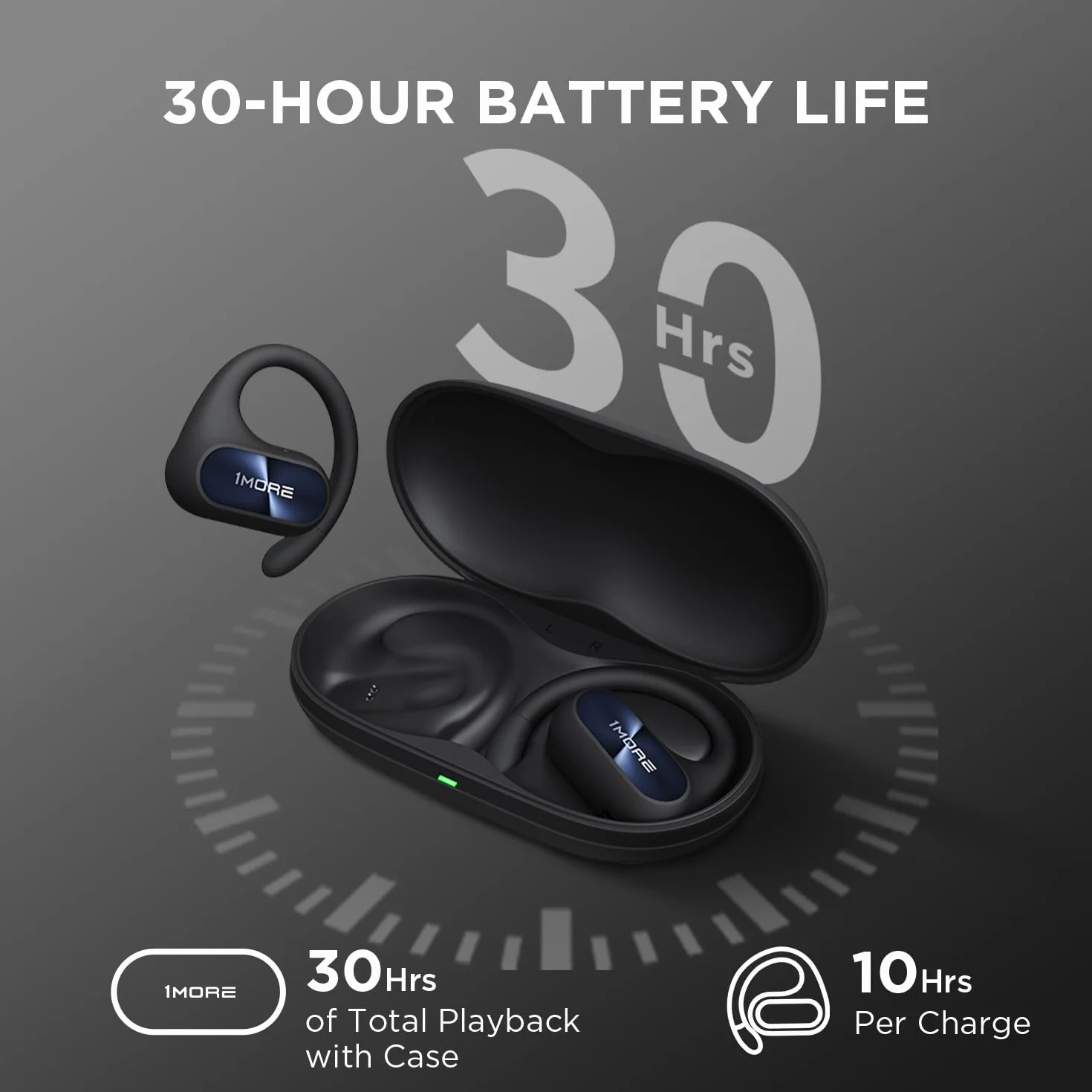 1MORE Fit SE S30 Casque Bluetooth sans Fil avec 4 Microphones pour des appels clairs, Design divisé avec Crochets d'oreille, IPX5, 30 Heures d'autonomie, Compatible avec iPhone et Android (Noir)