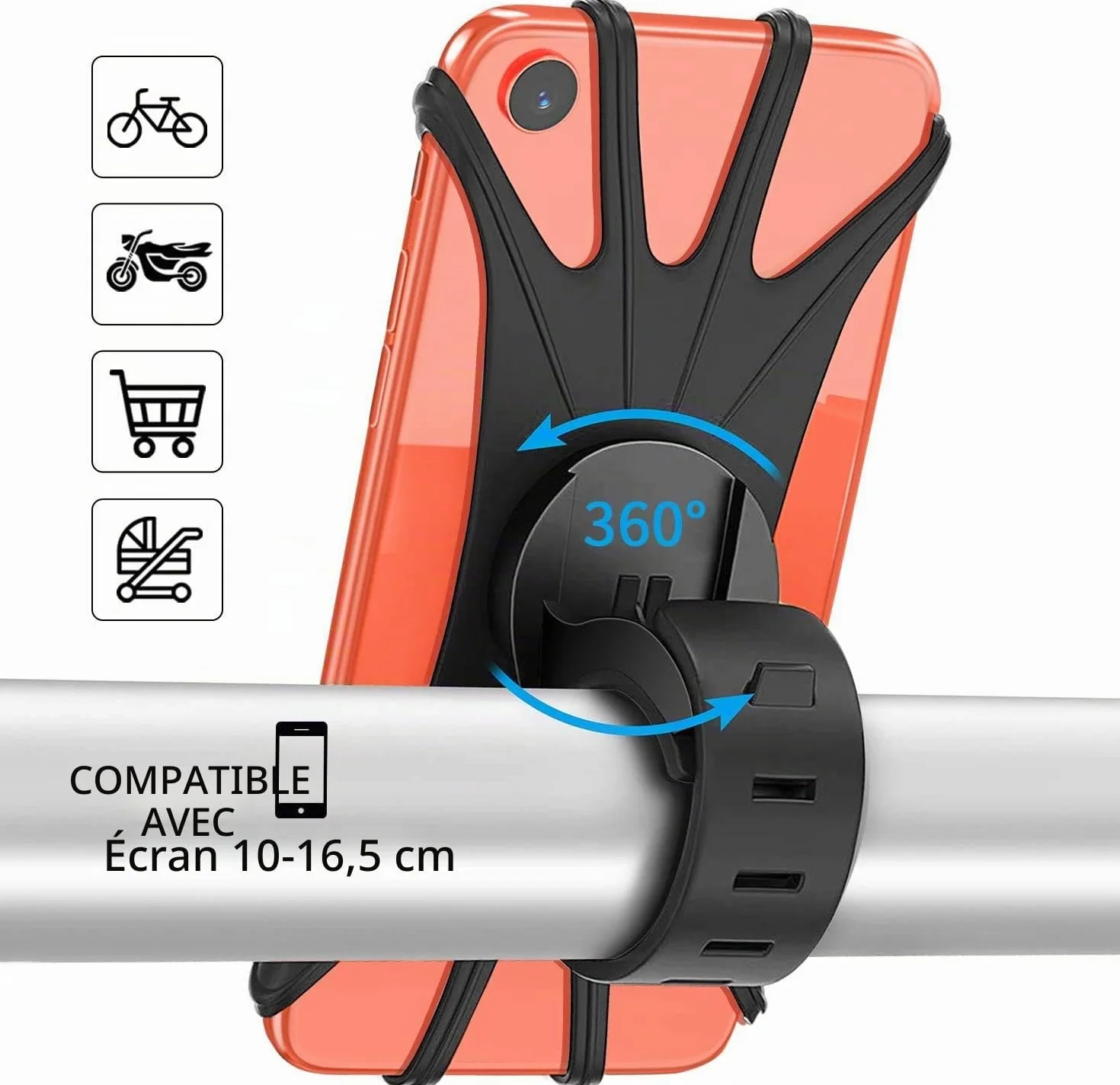 Support en silicone pour téléphone portable pour vélo, universel, rotatif à 360°, compatible avec iPhone SE/11/12/13/14 Pro Max/X/XS MAX/XR/8'' à 6,5'' Smartphones